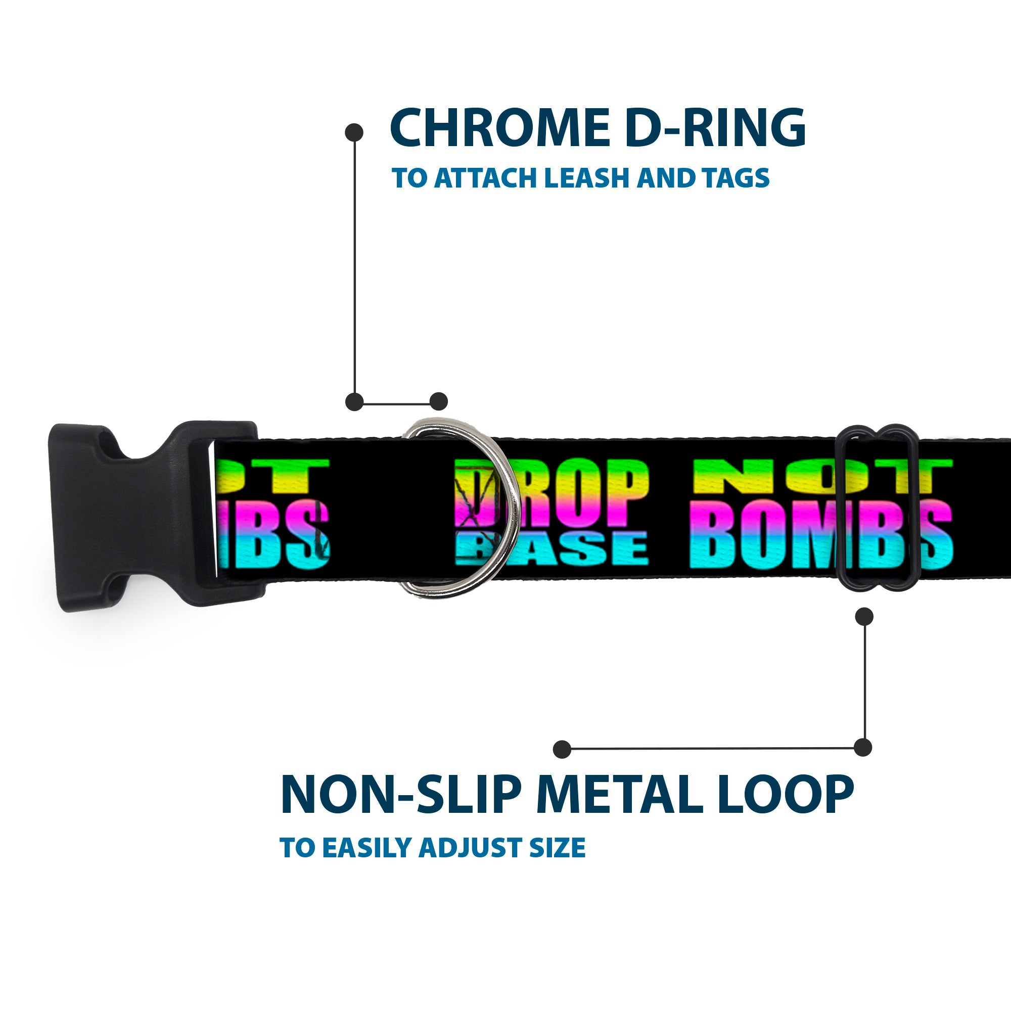 Plastic Clip Collar - DROP BASS NOT BOMBS Black/Rainbow Plastic Clip Collars Buckle-Down