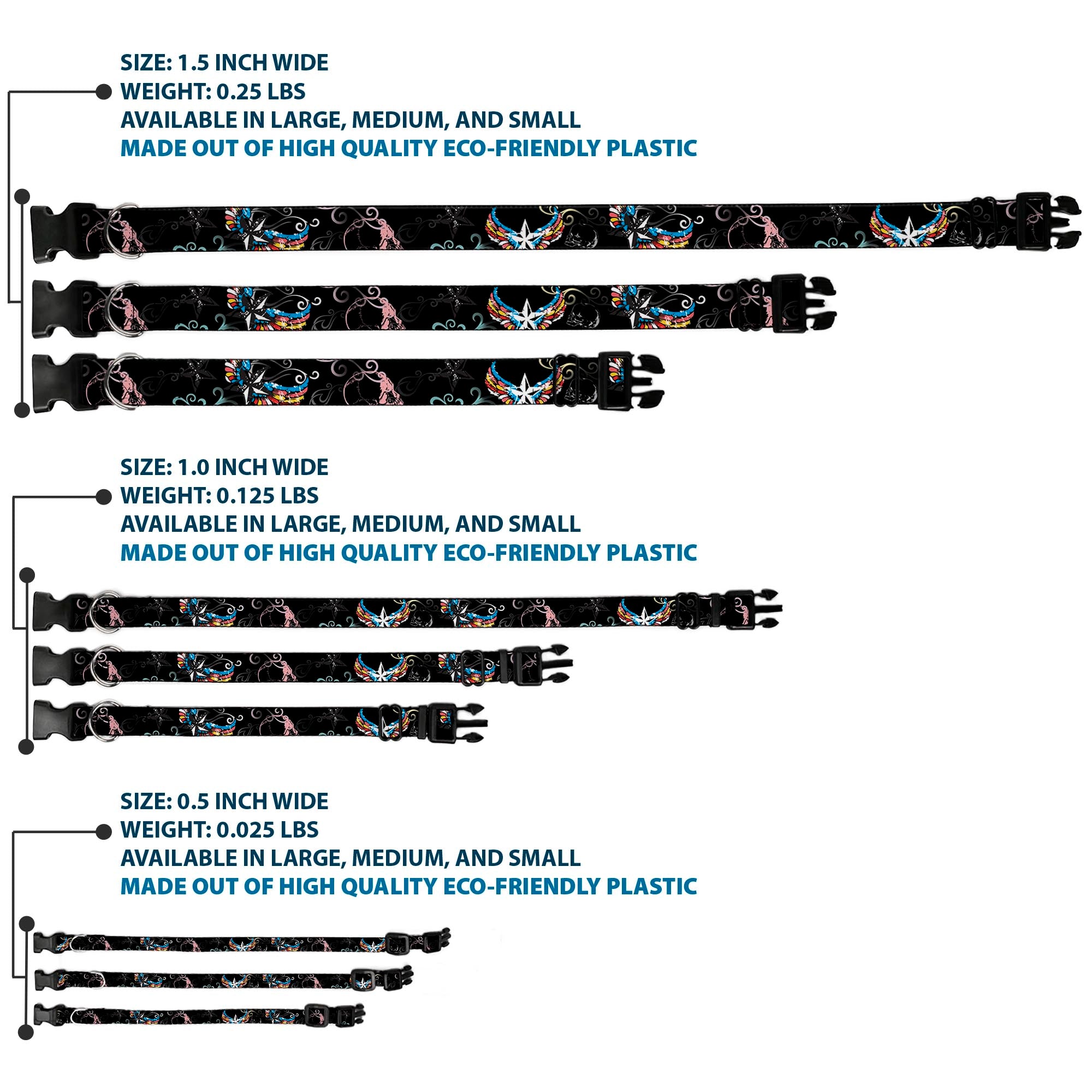 Plastic Clip Collar - Die Hard Skulls & Stars2 Black/Multi Color Plastic Clip Collars Buckle-Down