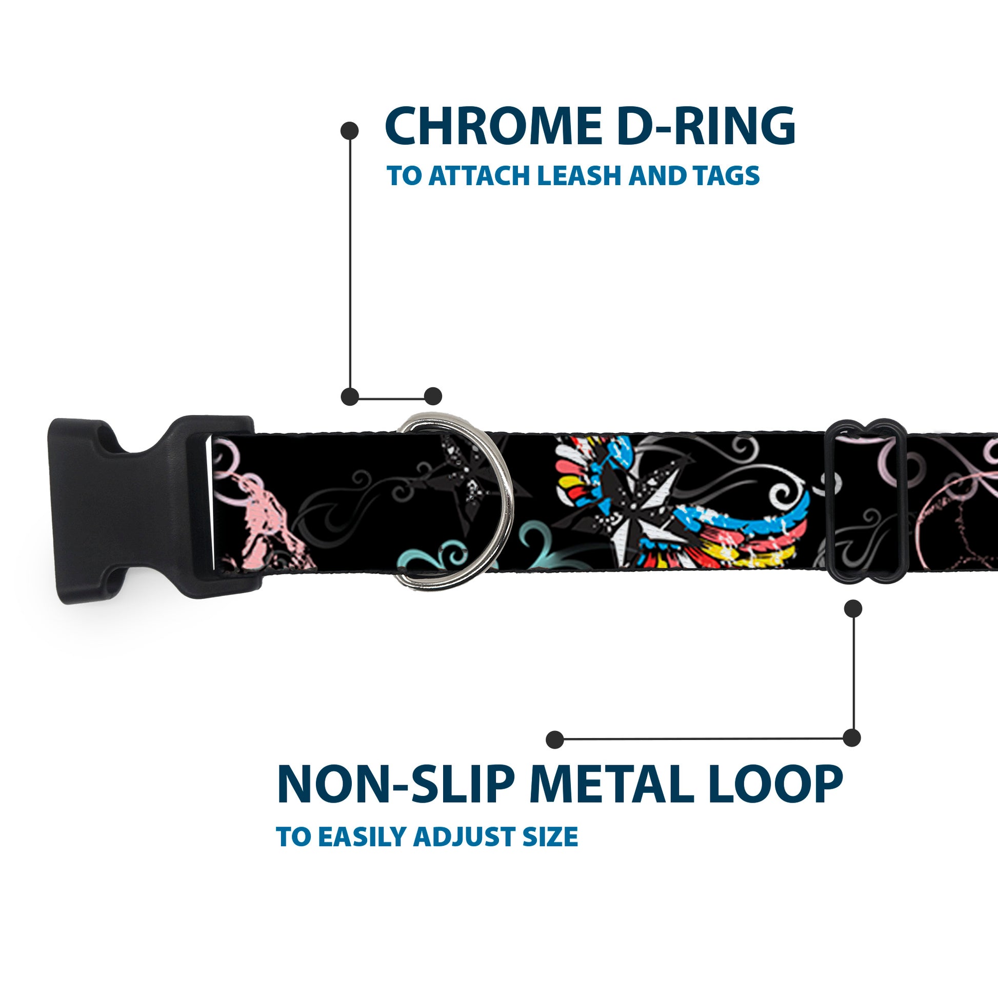 Plastic Clip Collar - Die Hard Skulls & Stars2 Black/Multi Color Plastic Clip Collars Buckle-Down