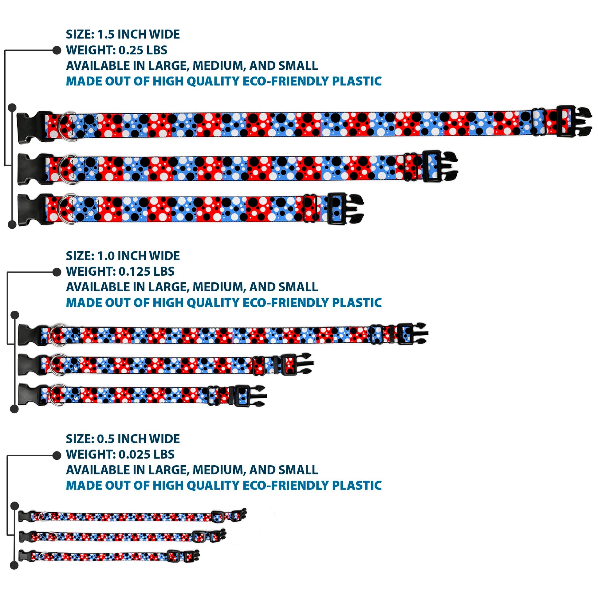 Plastic Clip Collar - Dot Blocks Blue/Red/Black/White Plastic Clip Collars Buckle-Down