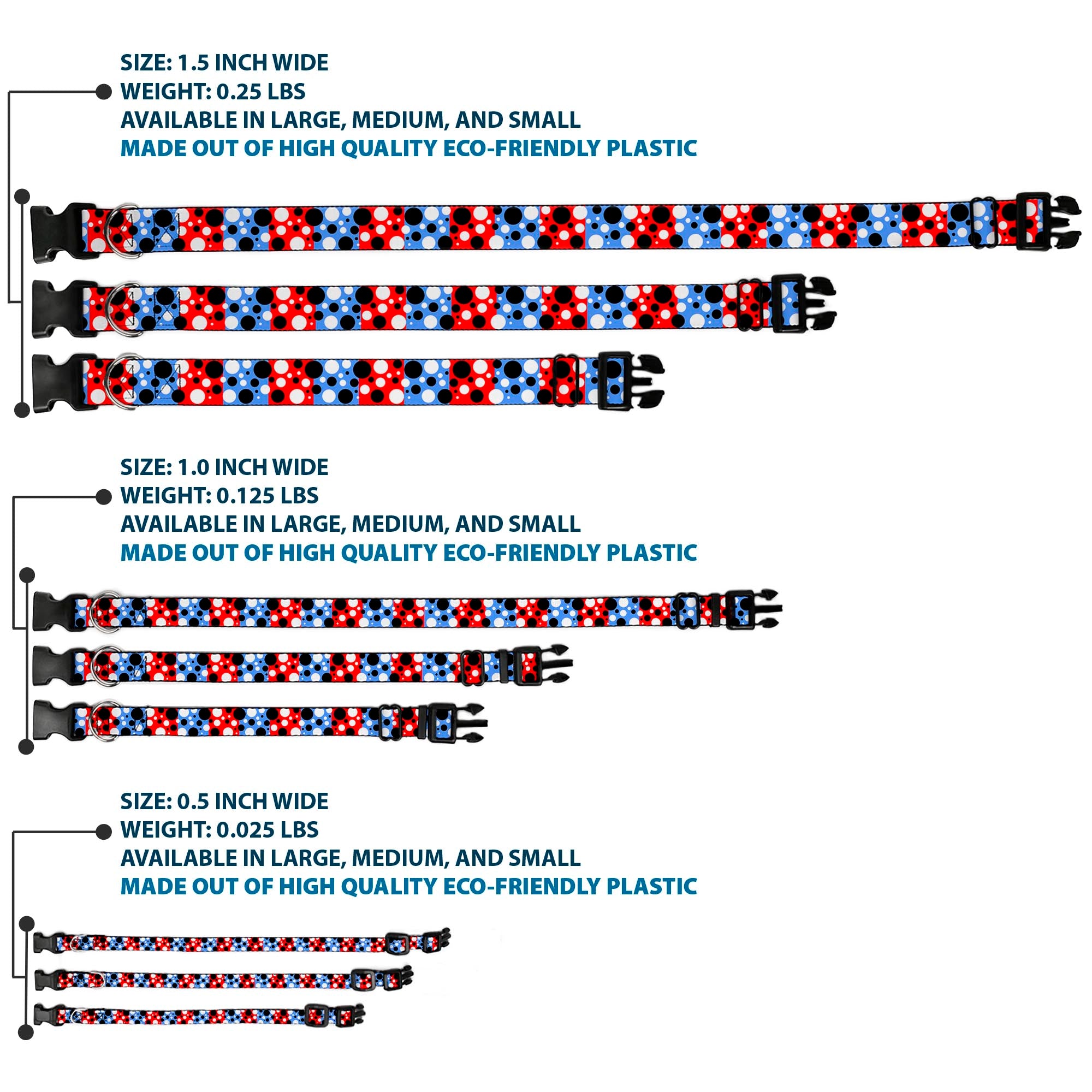 Plastic Clip Collar - Dot Blocks Blue/Red/Black/White Plastic Clip Collars Buckle-Down