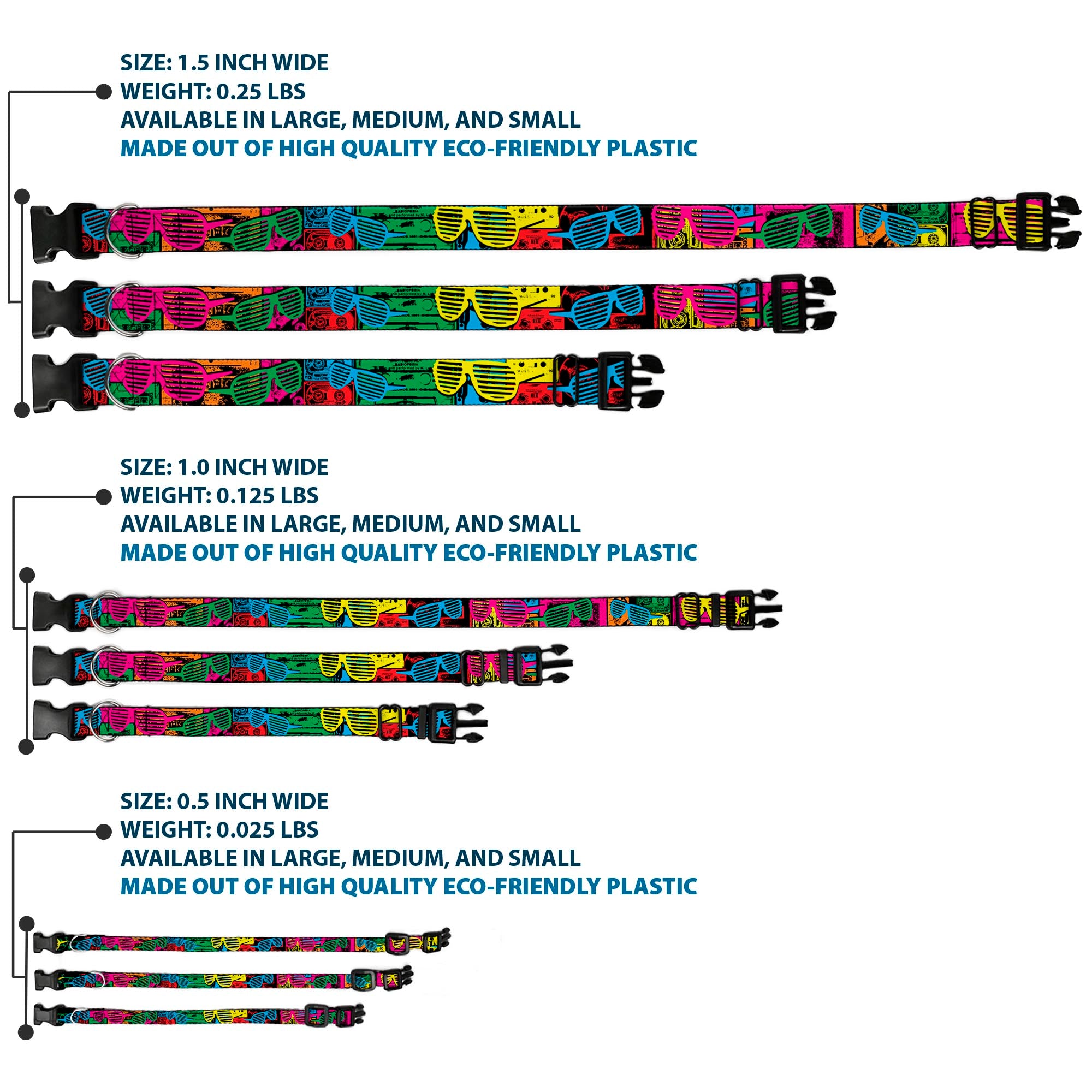 Plastic Clip Collar - Eighties Shades Tapes Black/Neon Plastic Clip Collars Buckle-Down