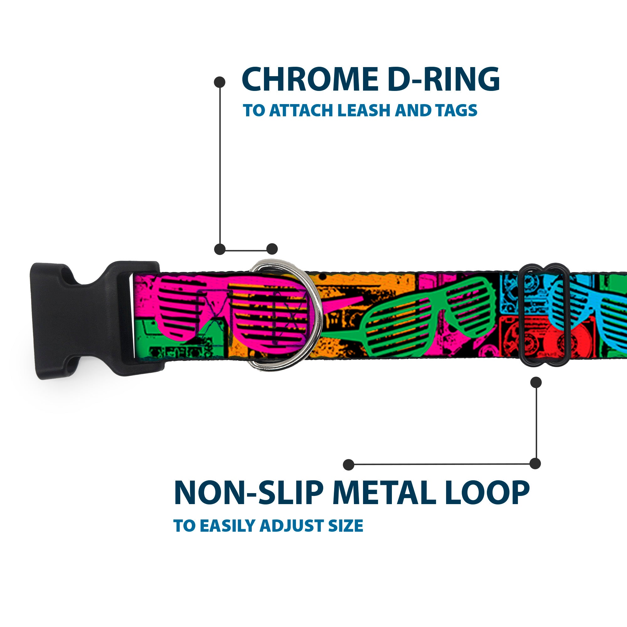 Plastic Clip Collar - Eighties Shades Tapes Black/Neon Plastic Clip Collars Buckle-Down