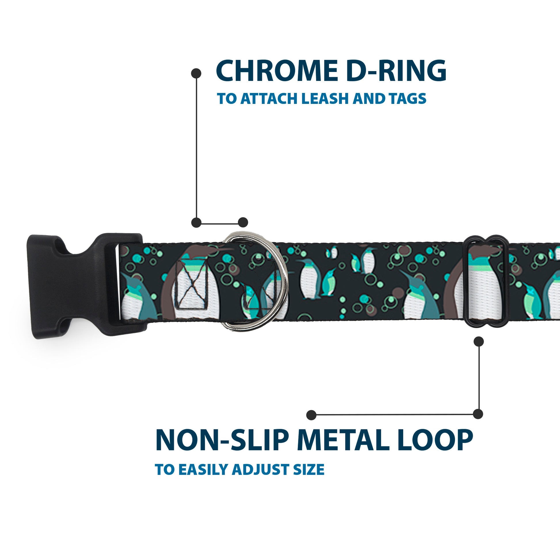 Plastic Clip Collar - Emperor Penguins w/Bubbles Black/Gray/Turqs Plastic Clip Collars Buckle-Down