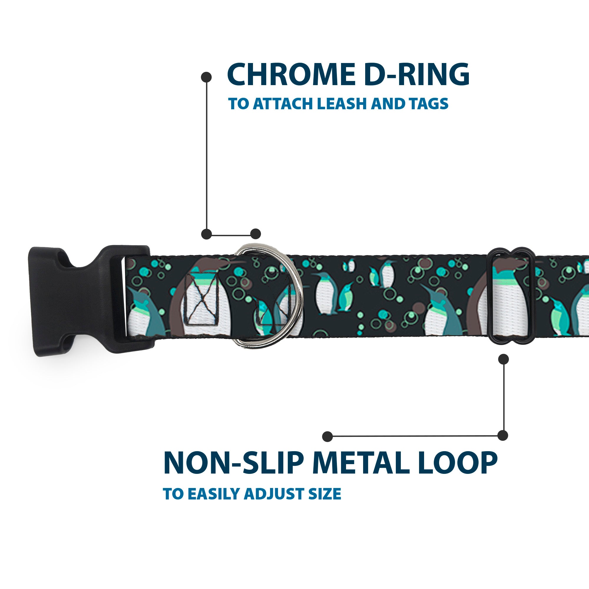 Plastic Clip Collar - Emperor Penguins w/Bubbles Black/Gray/Turqs Plastic Clip Collars Buckle-Down