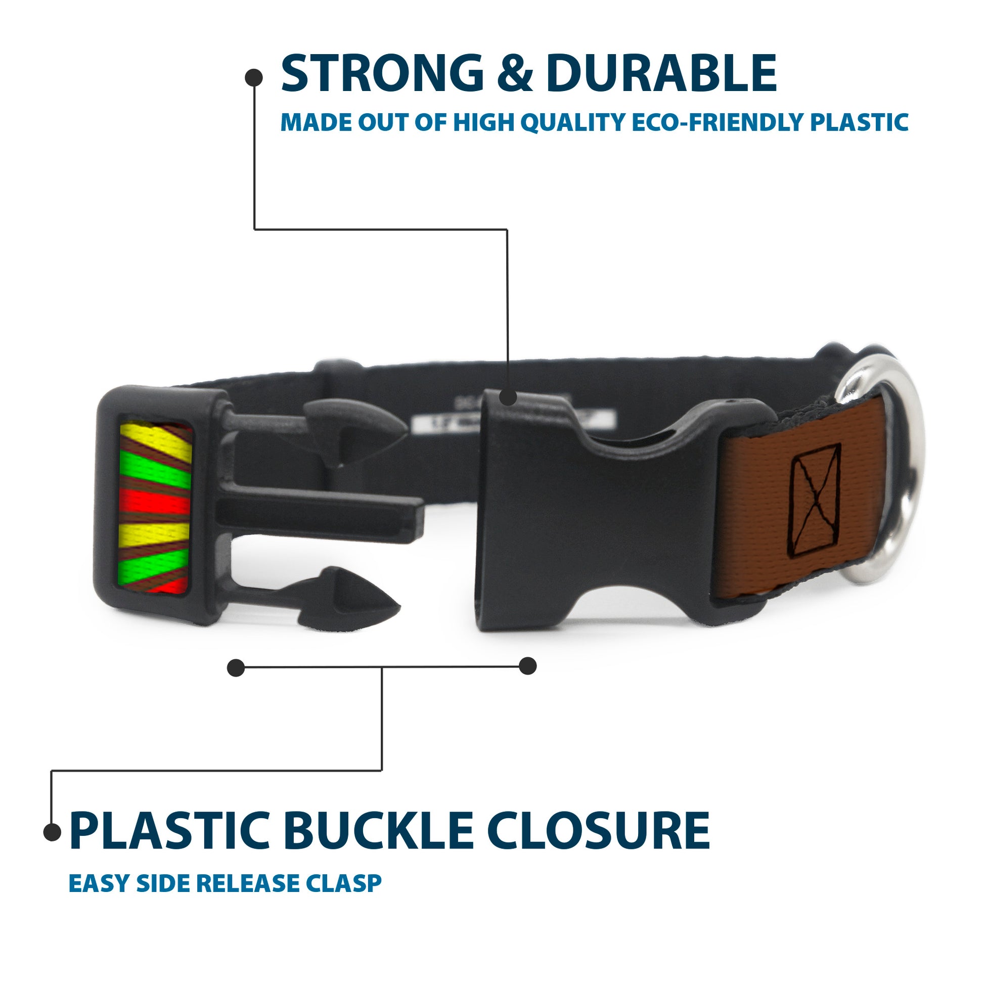 Plastic Clip Collar - EAT SLEEP SKATE Brown/Rasta Burst Plastic Clip Collars Buckle-Down