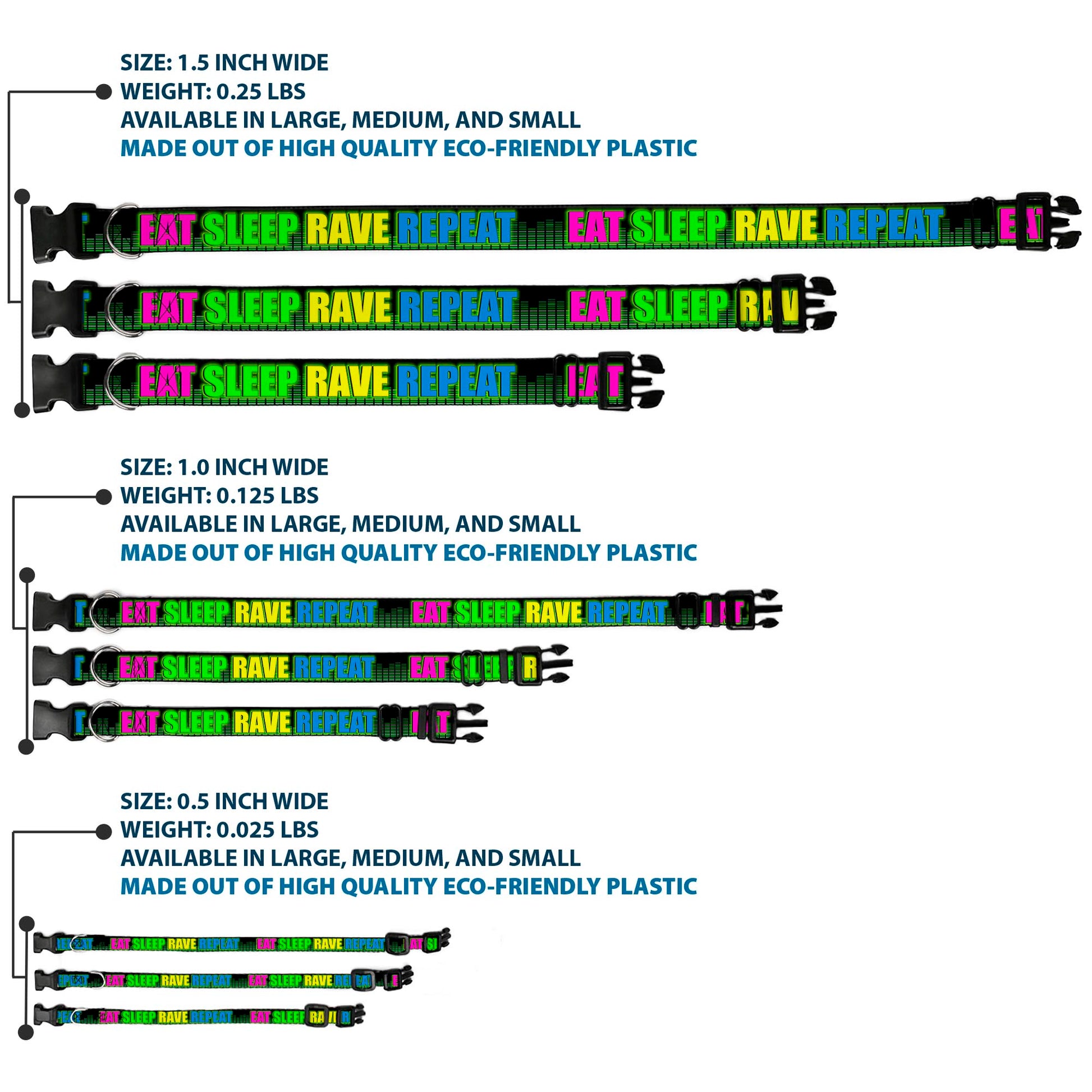 Buckle-Down Plastic Buckle Dog Collar - EAT SLEEP RAVE REPEAT Black/Multi Neon Plastic Clip Collars Buckle-Down