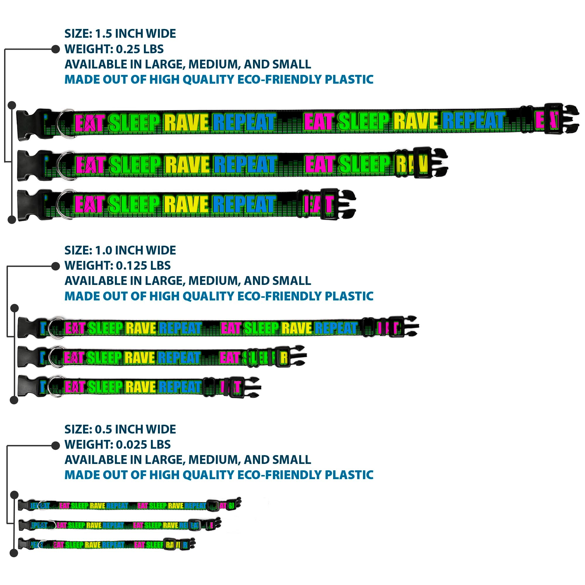 Buckle-Down Plastic Buckle Dog Collar - EAT SLEEP RAVE REPEAT Black/Multi Neon Plastic Clip Collars Buckle-Down