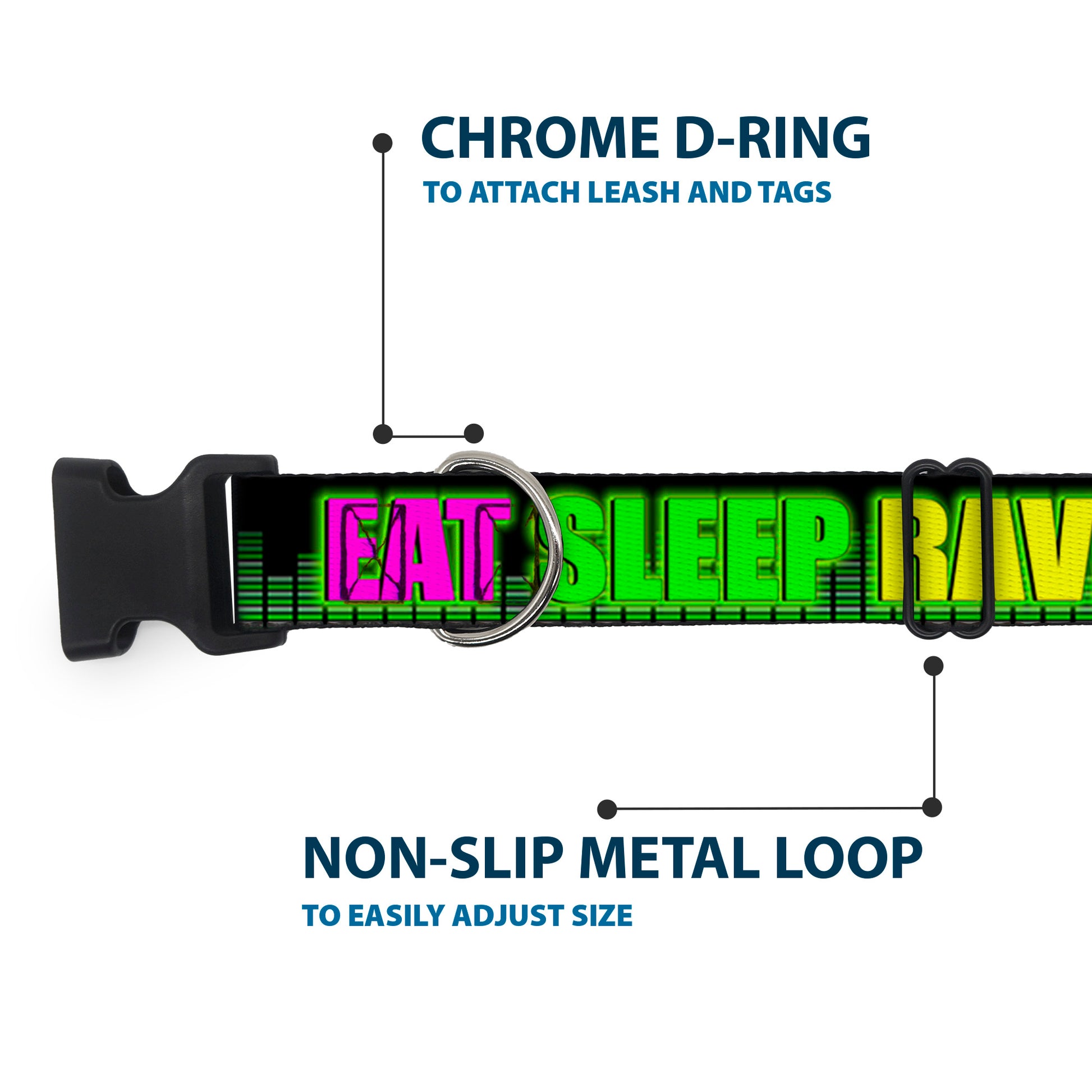 Buckle-Down Plastic Buckle Dog Collar - EAT SLEEP RAVE REPEAT Black/Multi Neon Plastic Clip Collars Buckle-Down