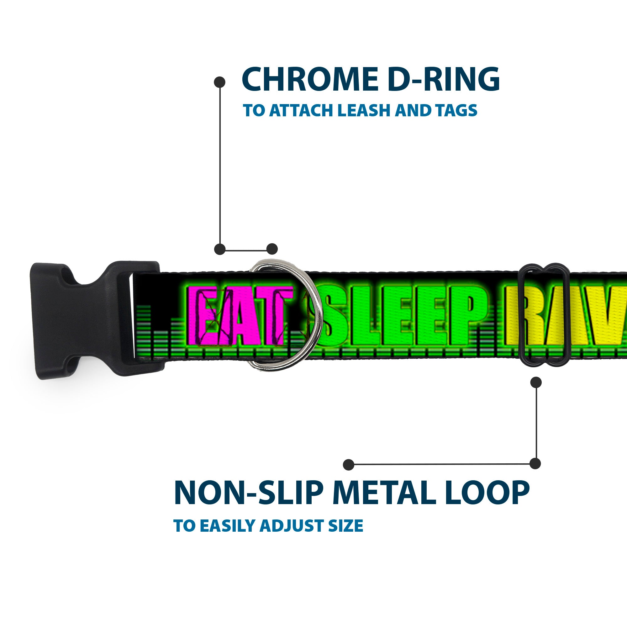Buckle-Down Plastic Buckle Dog Collar - EAT SLEEP RAVE REPEAT Black/Multi Neon Plastic Clip Collars Buckle-Down