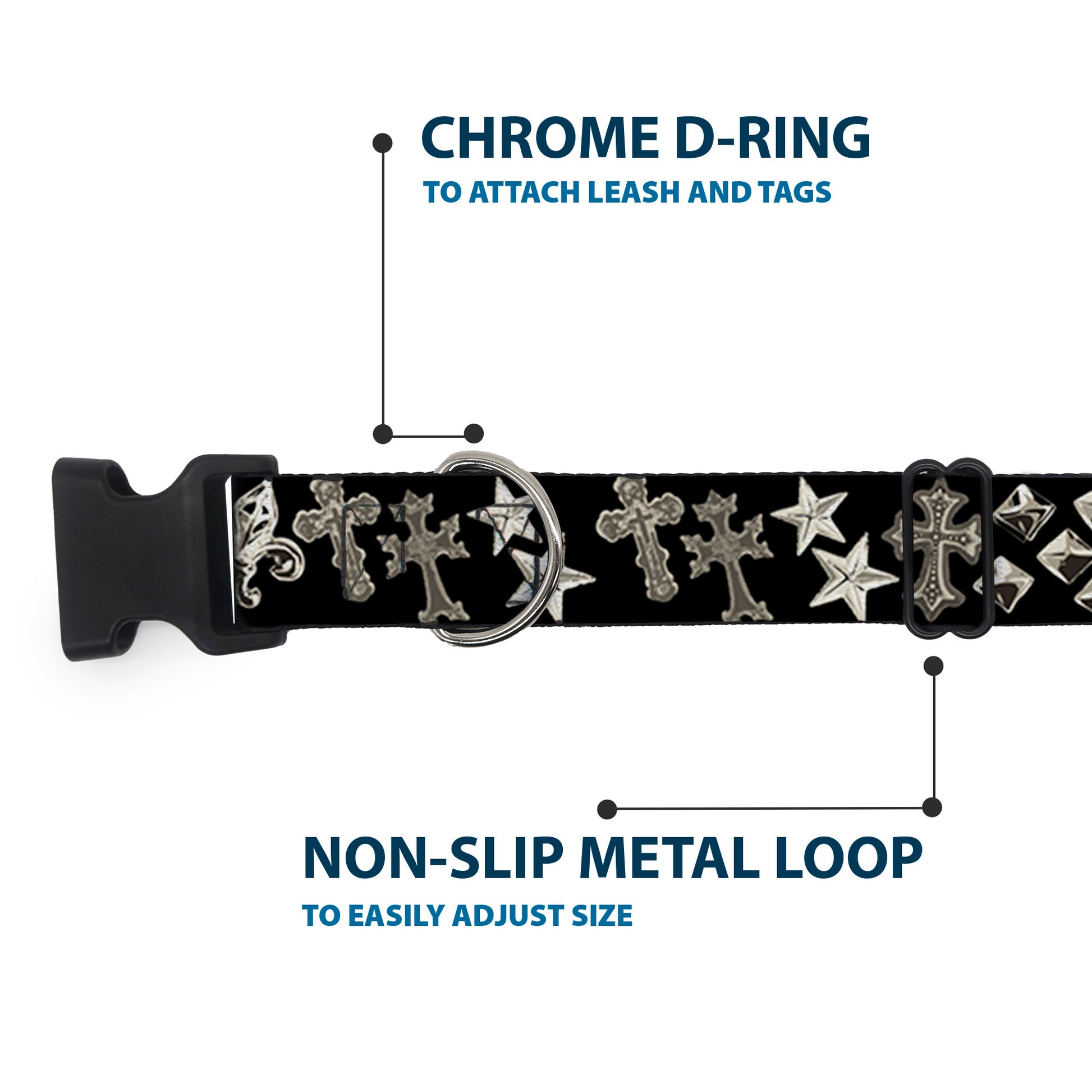 Plastic Clip Collar - Elegant Crosses/Stars/Studs Black/Grays Plastic Clip Collars Buckle-Down