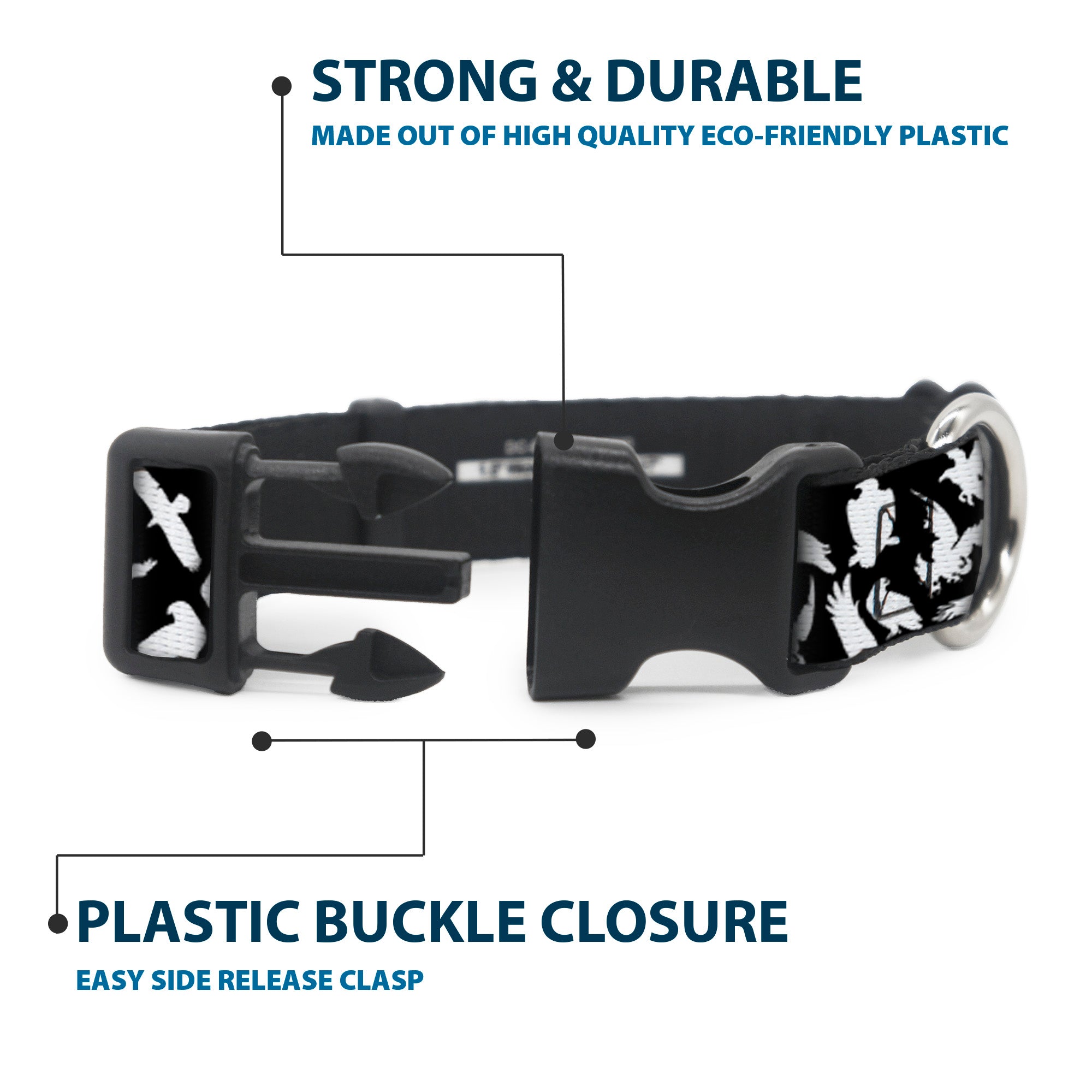 Plastic Clip Collar - Eagle Silhouettes Scattered Black/White Plastic Clip Collars Buckle-Down