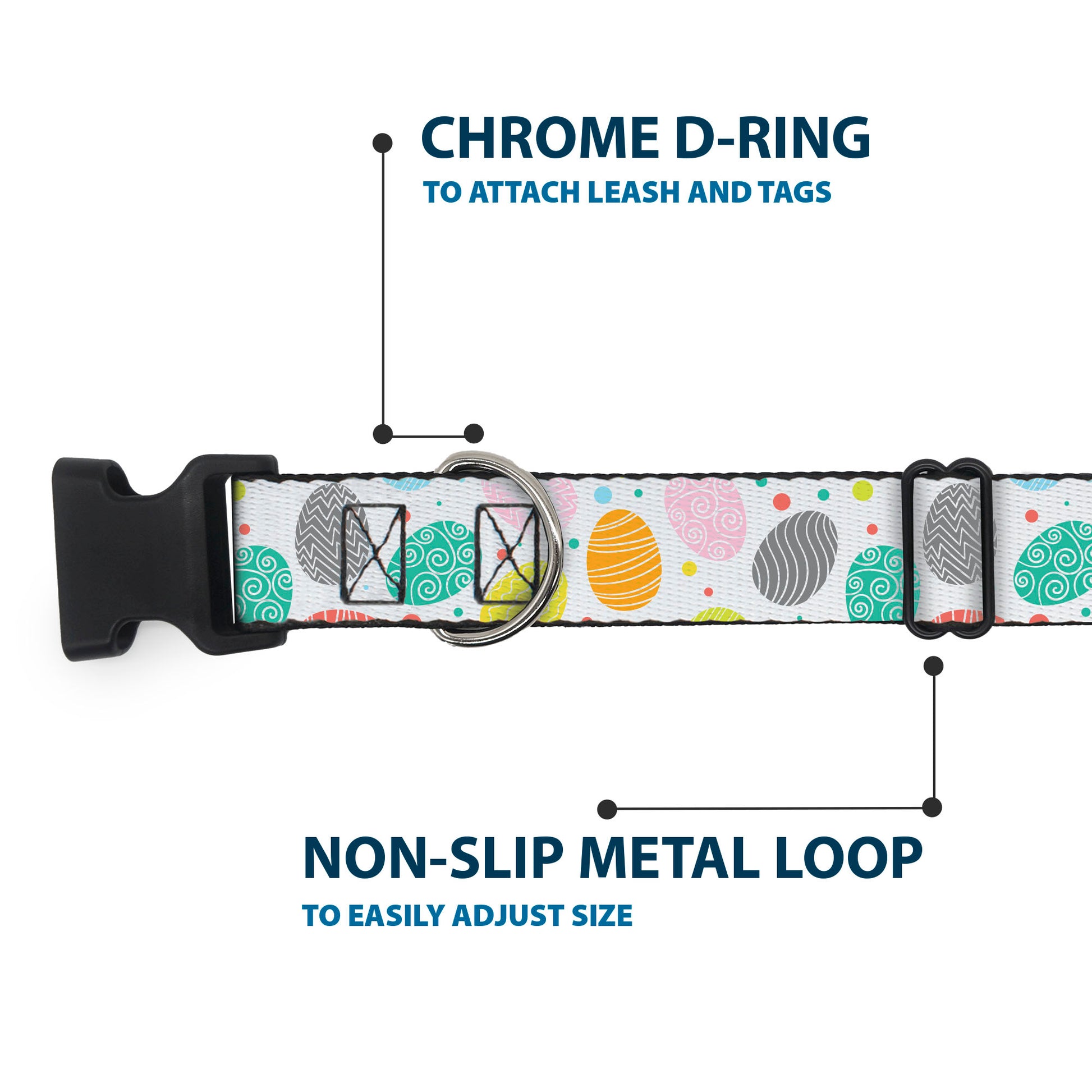 Plastic Clip Collar - Easter Eggs Decorated Eggs Scattered White/Multi Color Plastic Clip Collars Buckle-Down