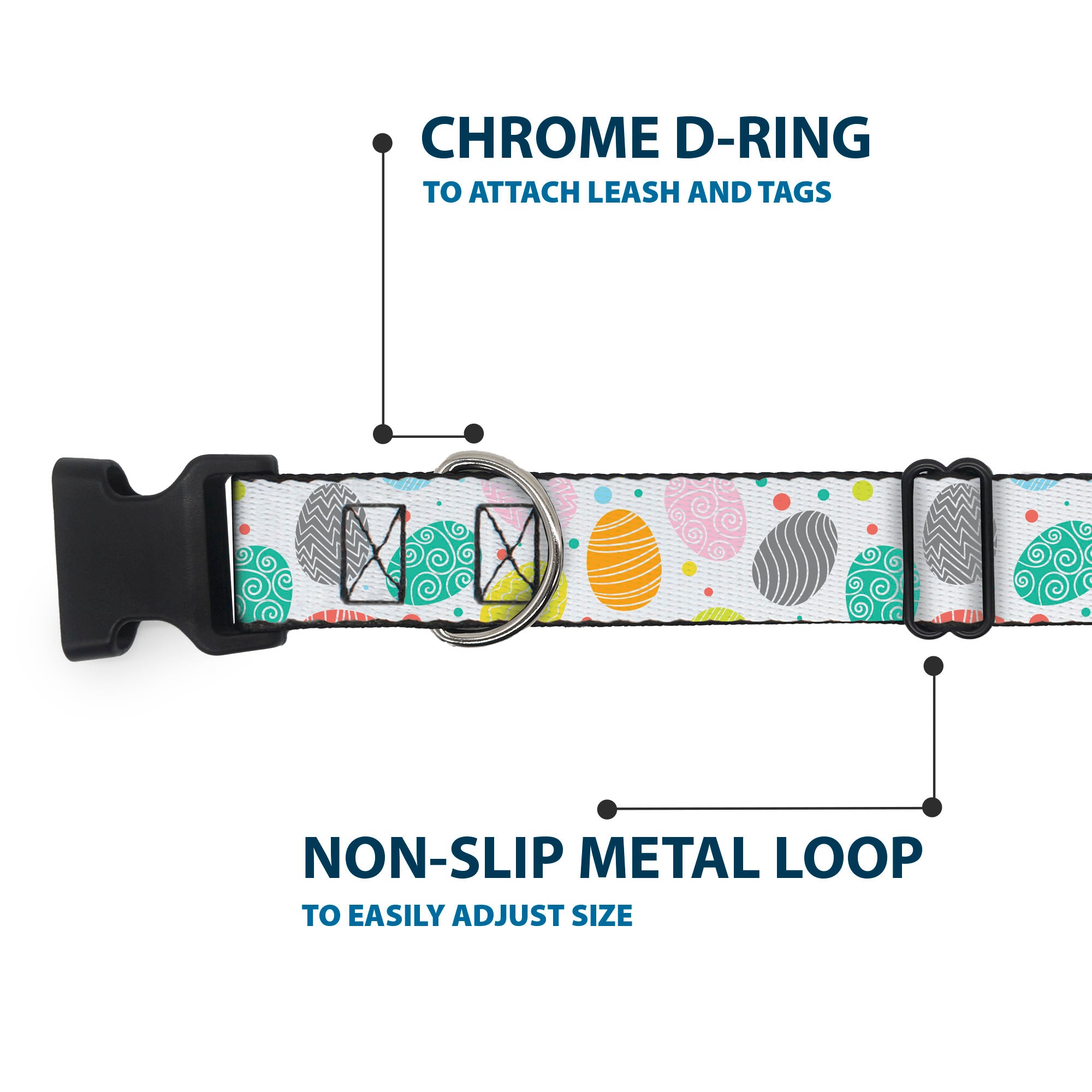 Plastic Clip Collar - Easter Eggs Decorated Eggs Scattered White/Multi Color Plastic Clip Collars Buckle-Down