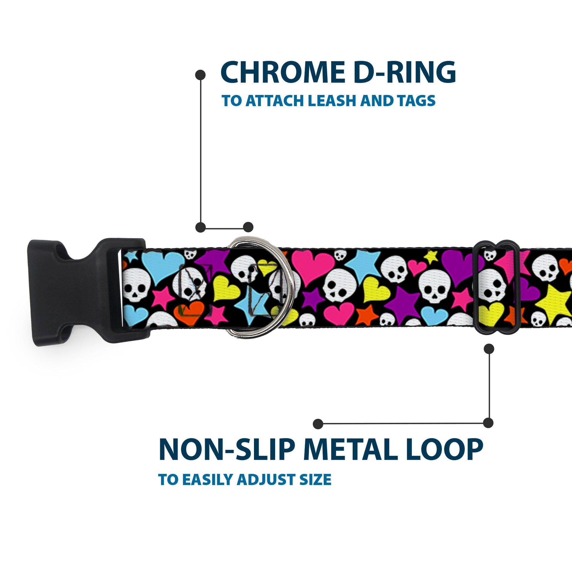 Plastic Clip Collar - Funky Skulls Hearts & Stars Black/Multi Color Plastic Clip Collars Buckle-Down