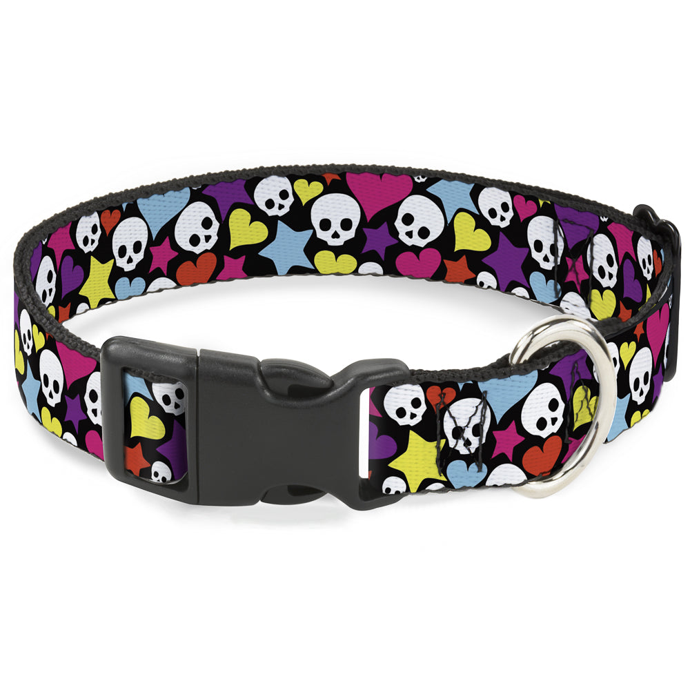 Plastic Clip Collar - Funky Skulls Hearts & Stars Black/Multi Color Plastic Clip Collars Buckle-Down