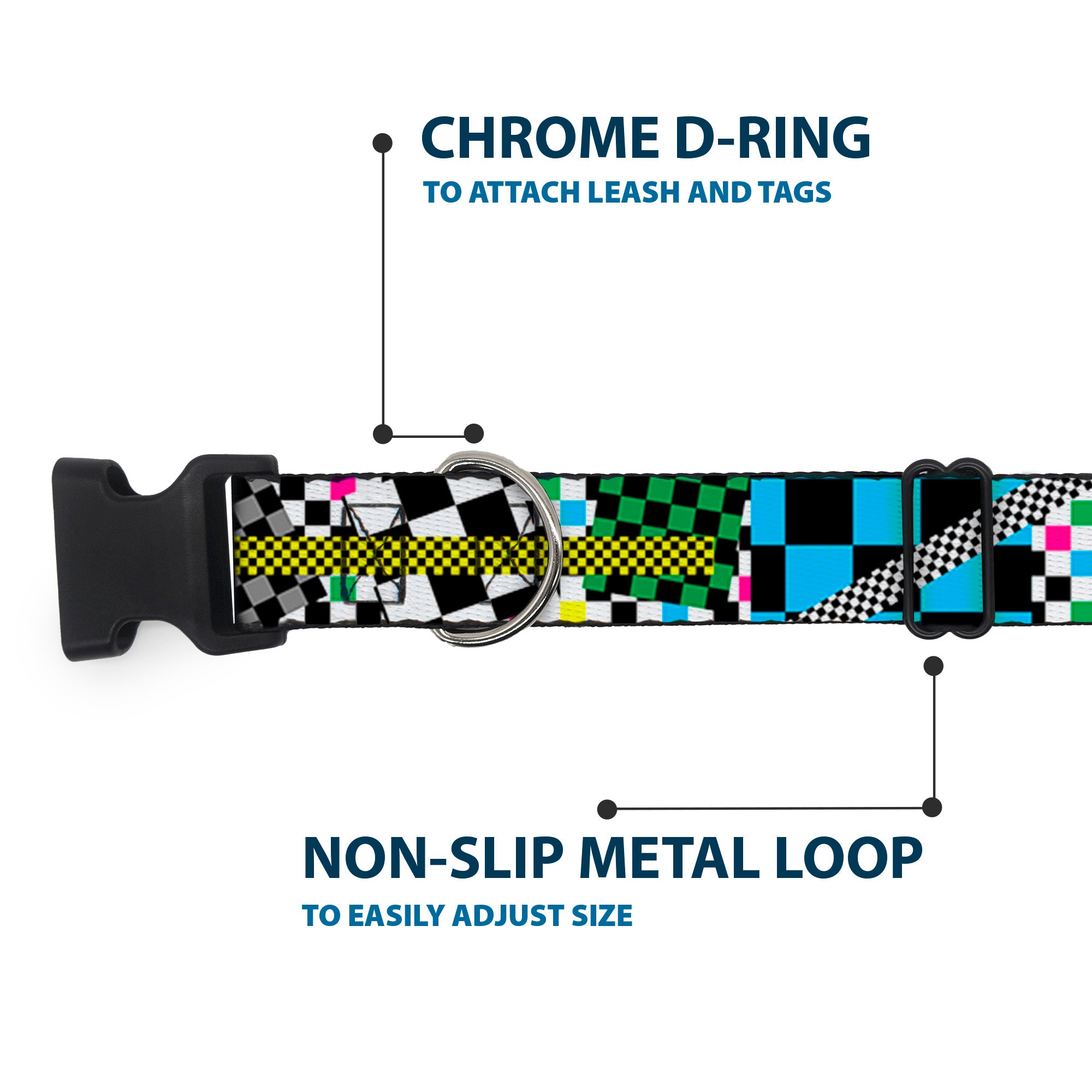 Plastic Clip Collar - Funky Checkers Black/White/Neon Plastic Clip Collars Buckle-Down