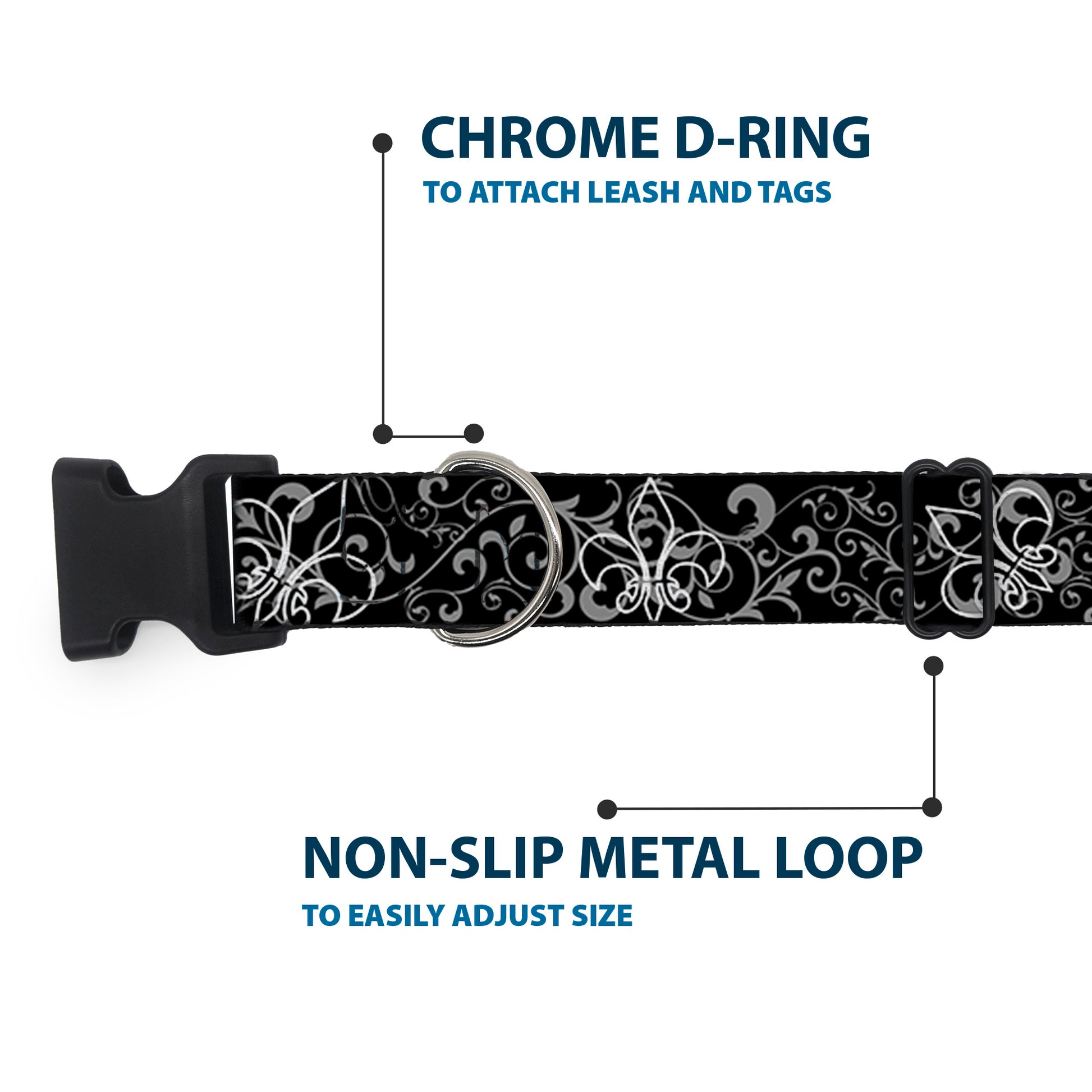 Plastic Clip Collar - Fleur-de-Lis Outline w/Filigree Black/Gray Plastic Clip Collars Buckle-Down