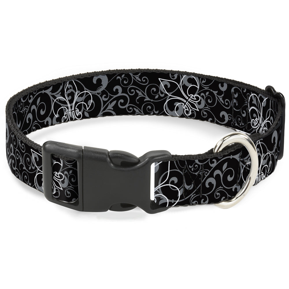 Plastic Clip Collar - Fleur-de-Lis Outline w/Filigree Black/Gray Plastic Clip Collars Buckle-Down