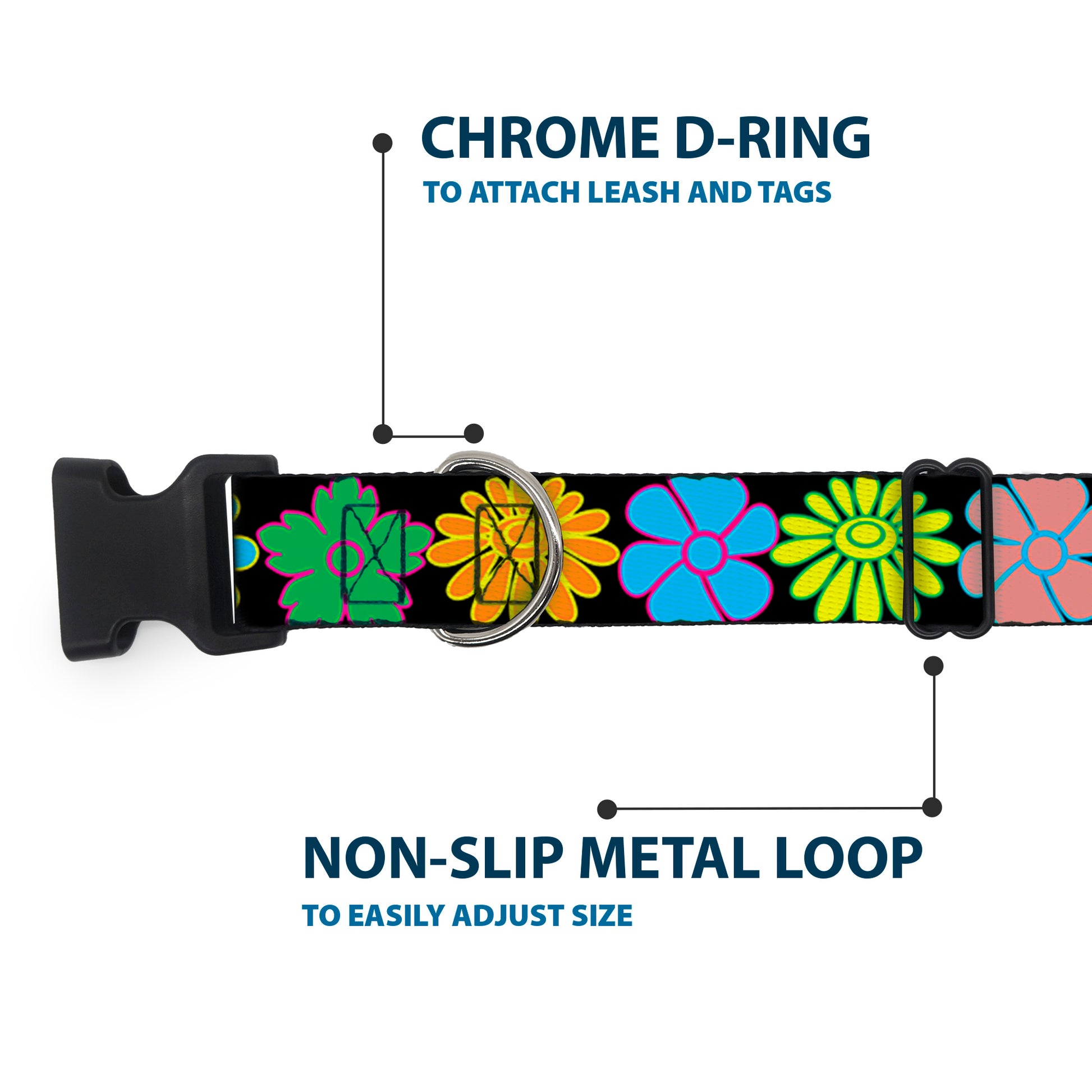 Plastic Clip Collar - Flowers Black/Multi Color Plastic Clip Collars Buckle-Down