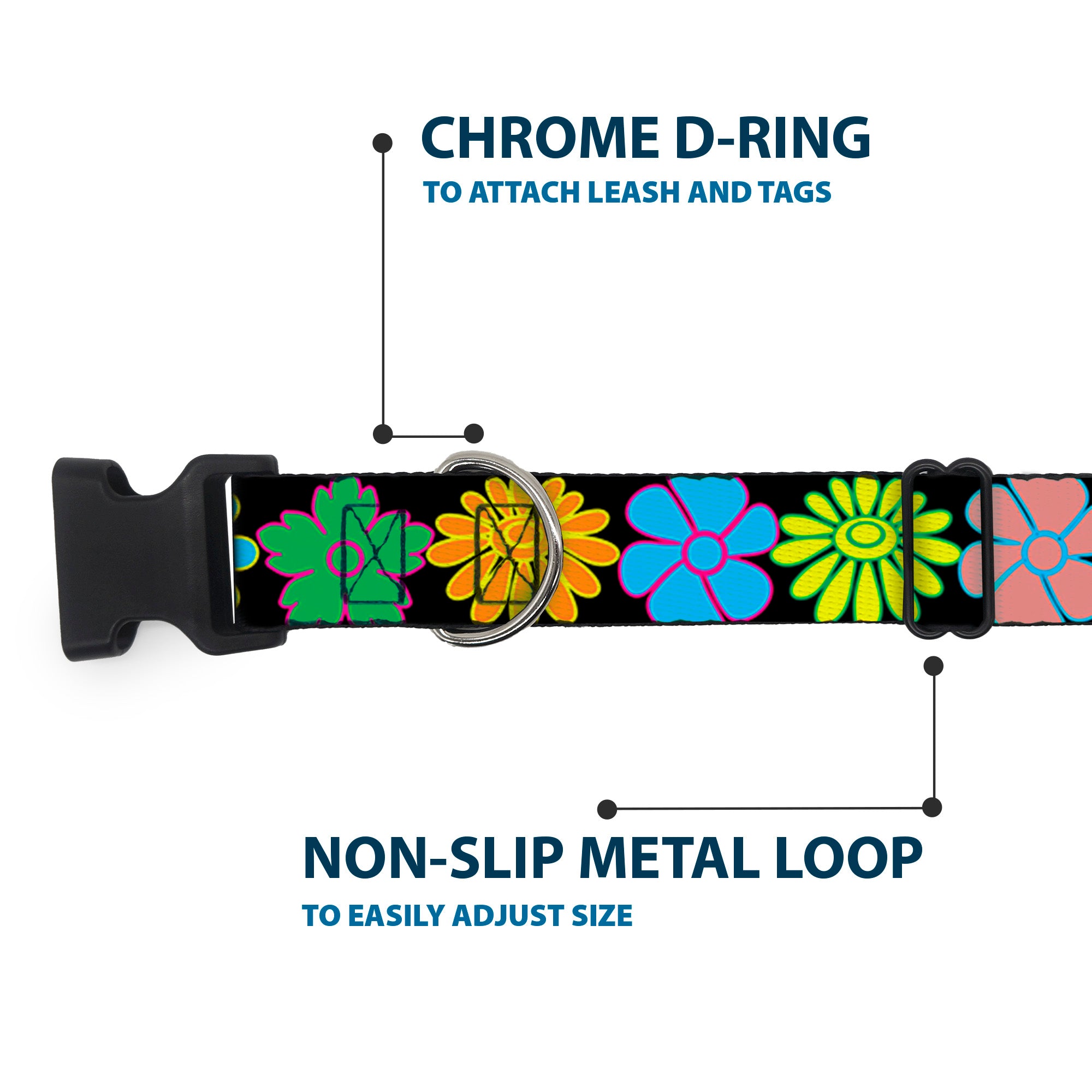 Plastic Clip Collar - Flowers Black/Multi Color Plastic Clip Collars Buckle-Down