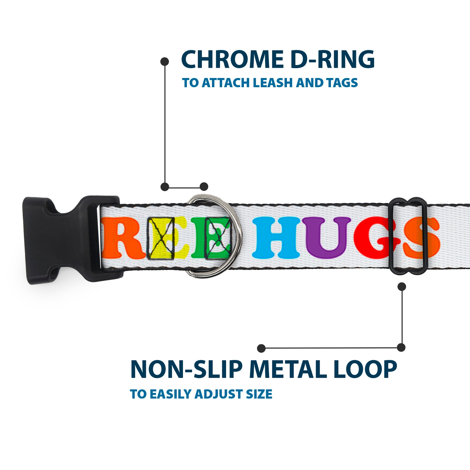 Plastic Clip Collar - FREE HUGS White/Multi Color Plastic Clip Collars Buckle-Down