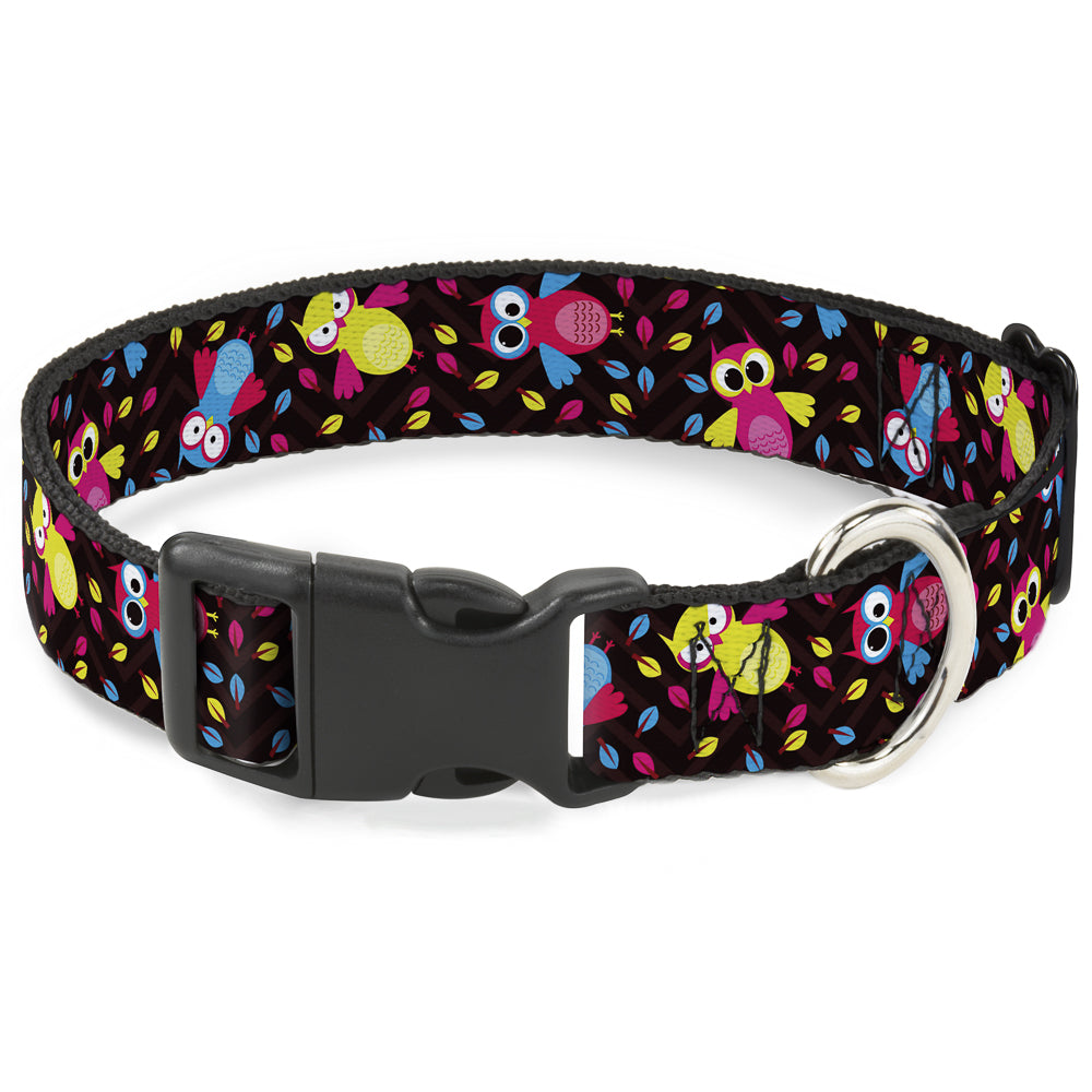 Plastic Clip Collar - Flying Owls w/Leaves Black/Multi Color Plastic Clip Collars Buckle-Down