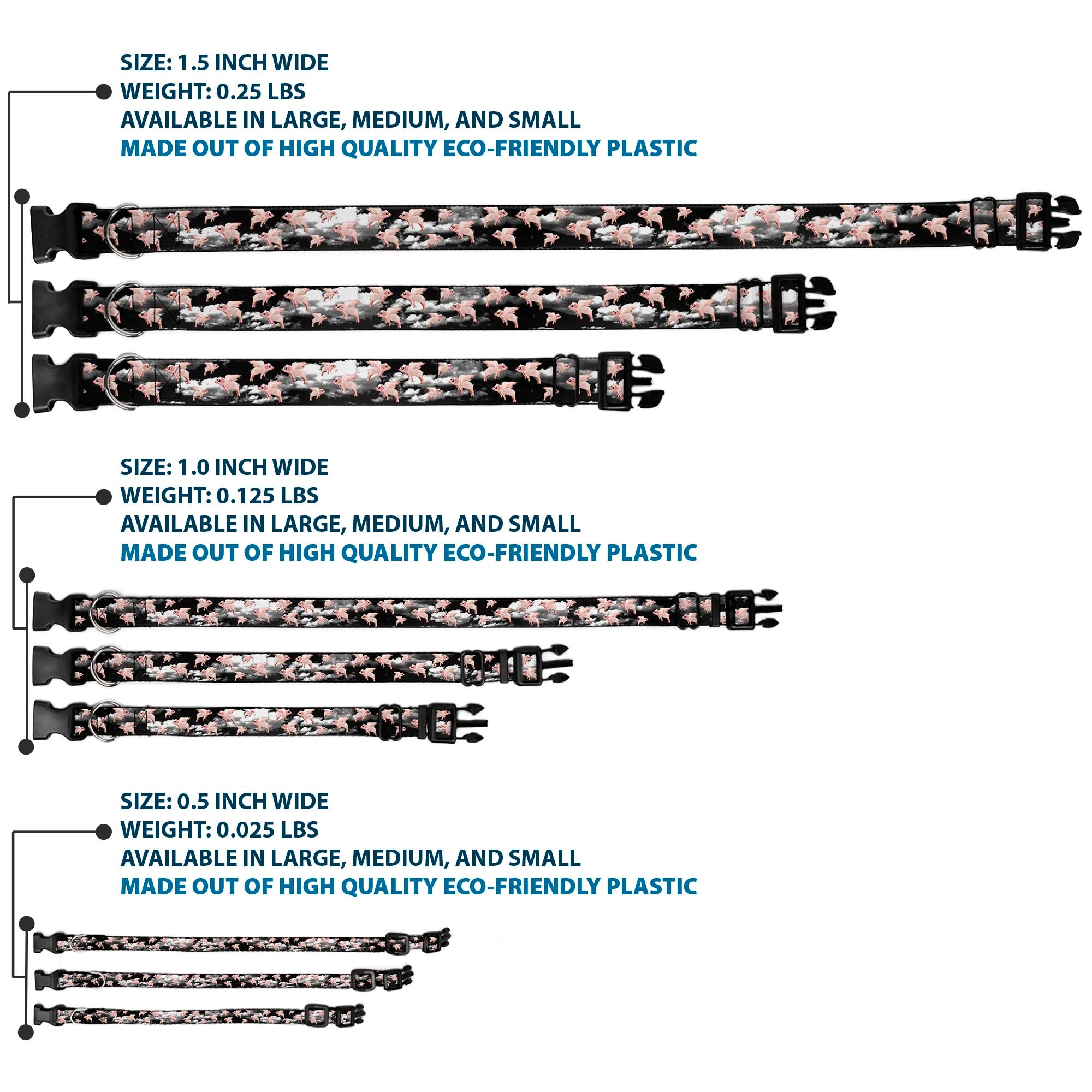 Plastic Clip Collar - Flying Pigs Black/White/Pink Plastic Clip Collars Buckle-Down