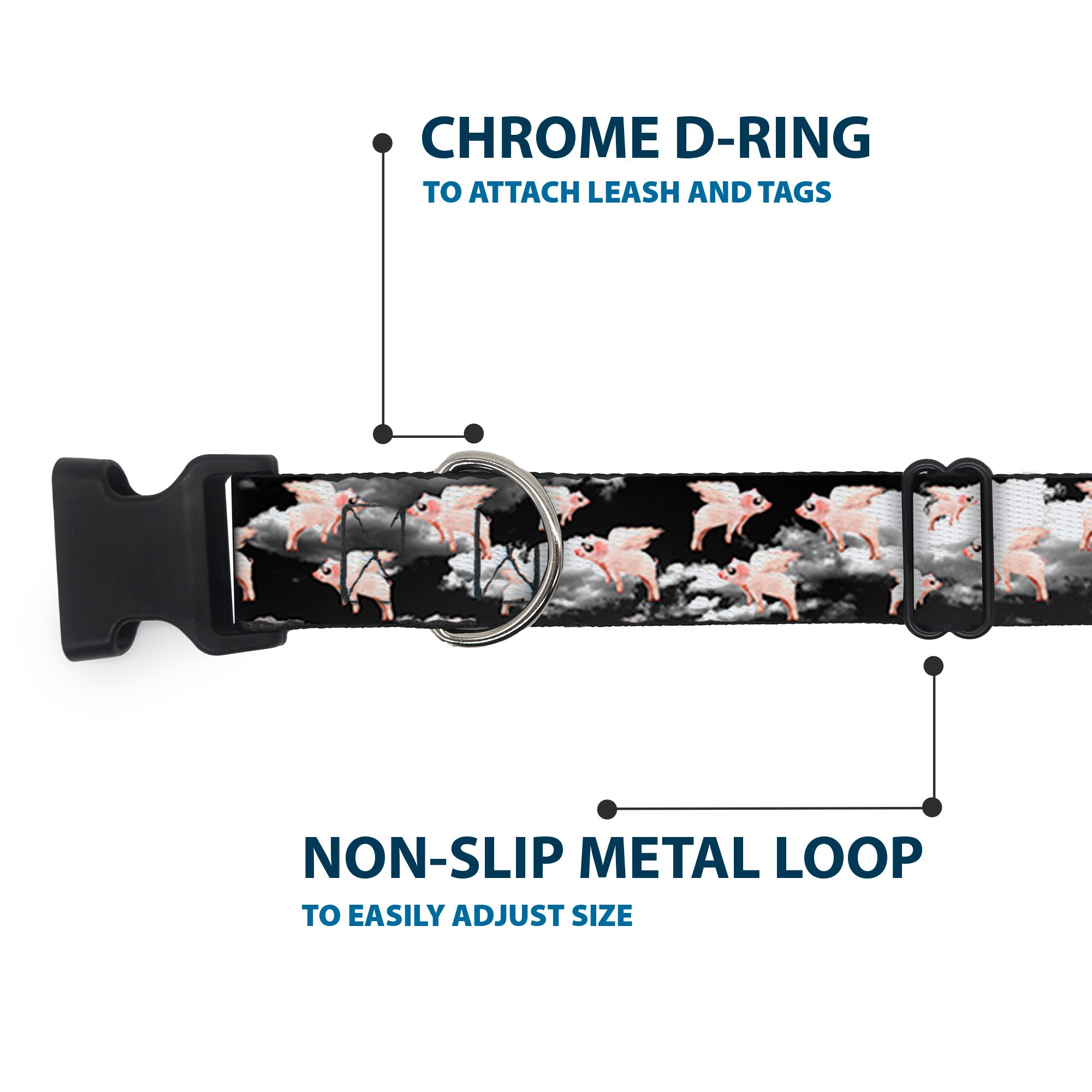 Plastic Clip Collar - Flying Pigs Black/White/Pink Plastic Clip Collars Buckle-Down