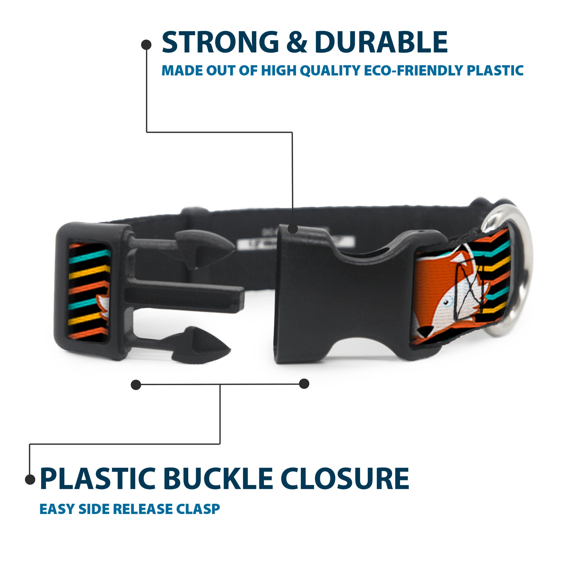 Plastic Clip Collar - Fox Face/Stripes Black/Multi Color Plastic Clip Collars Buckle-Down