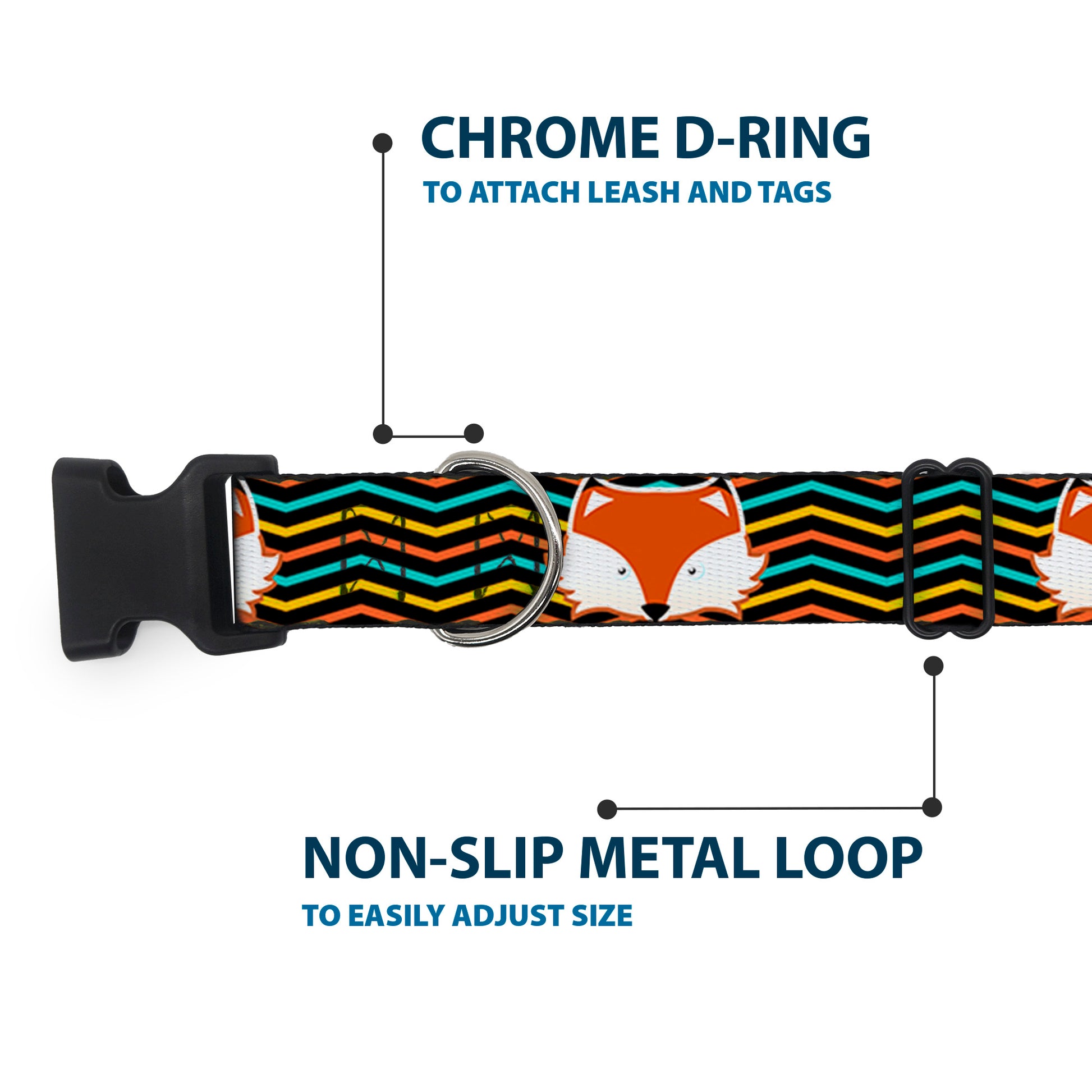 Plastic Clip Collar - Fox Face/Stripes Black/Multi Color Plastic Clip Collars Buckle-Down