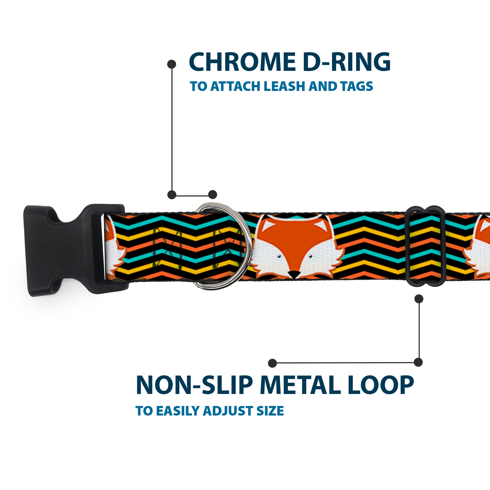 Plastic Clip Collar - Fox Face/Stripes Black/Multi Color Plastic Clip Collars Buckle-Down