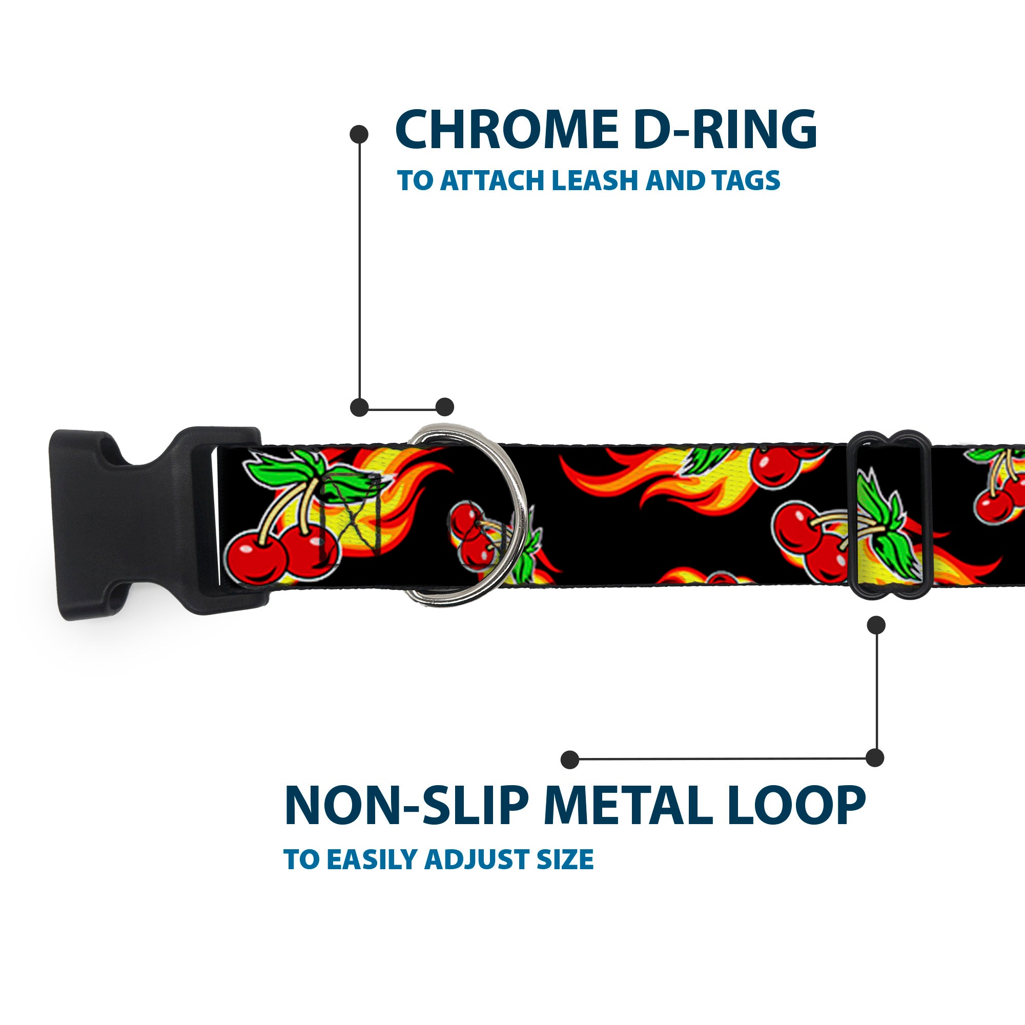 Plastic Clip Collar - Flaming Cherries Scattered Black Plastic Clip Collars Buckle-Down