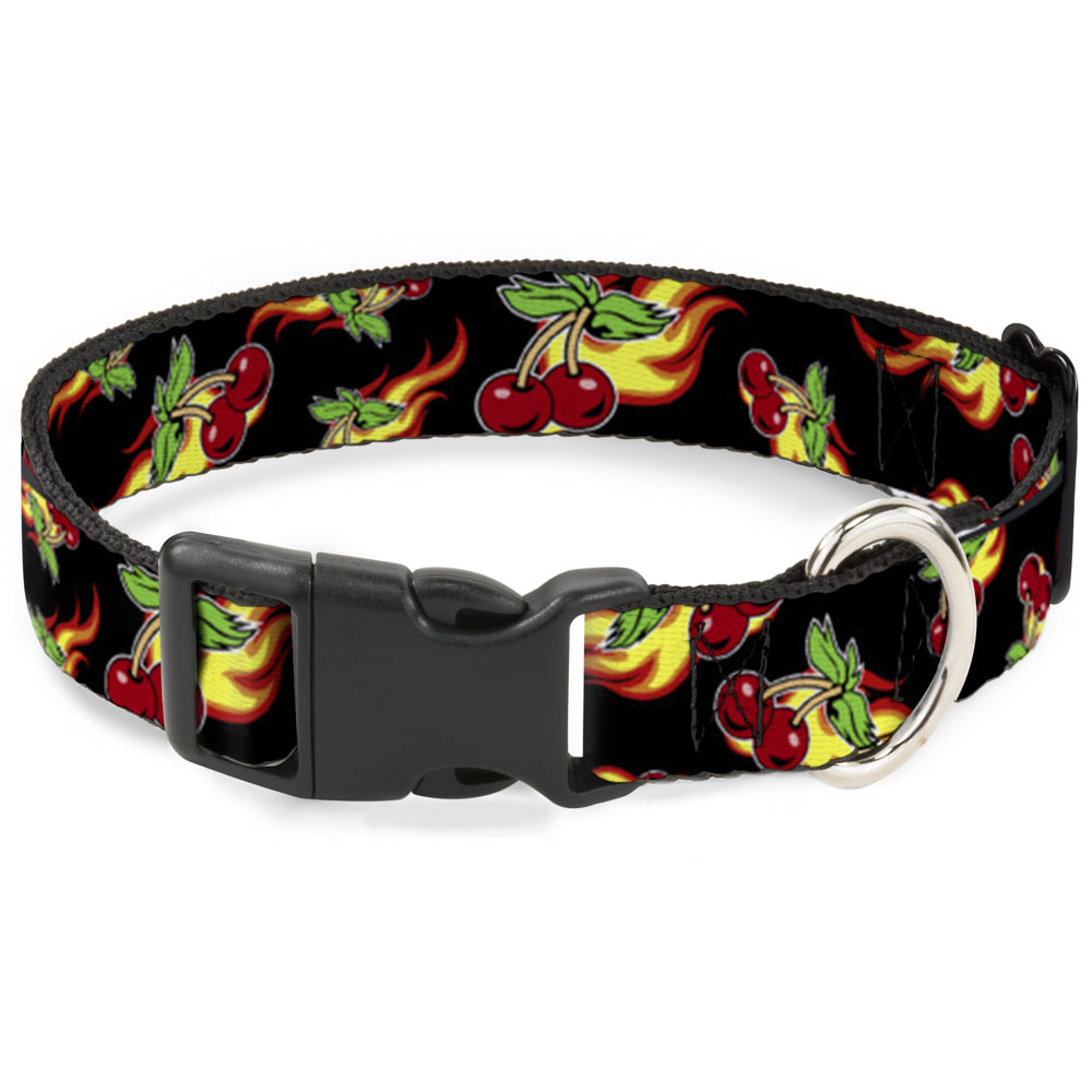 Plastic Clip Collar - Flaming Cherries Scattered Black Plastic Clip Collars Buckle-Down