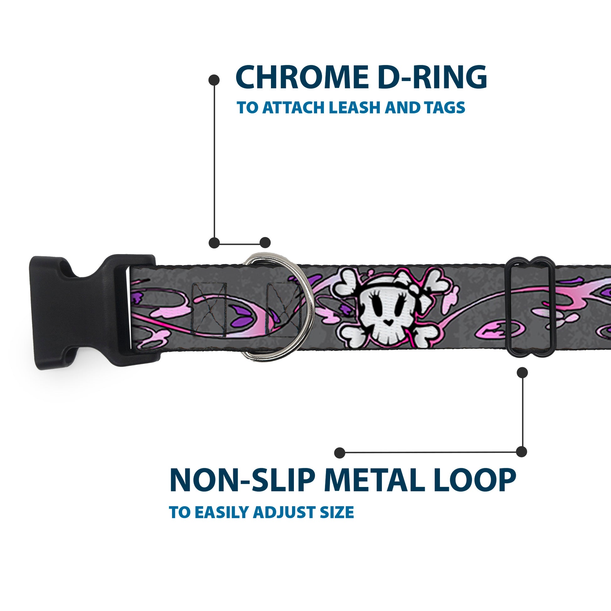 Plastic Clip Collar - Girlie Skull Gray Plastic Clip Collars Buckle-Down