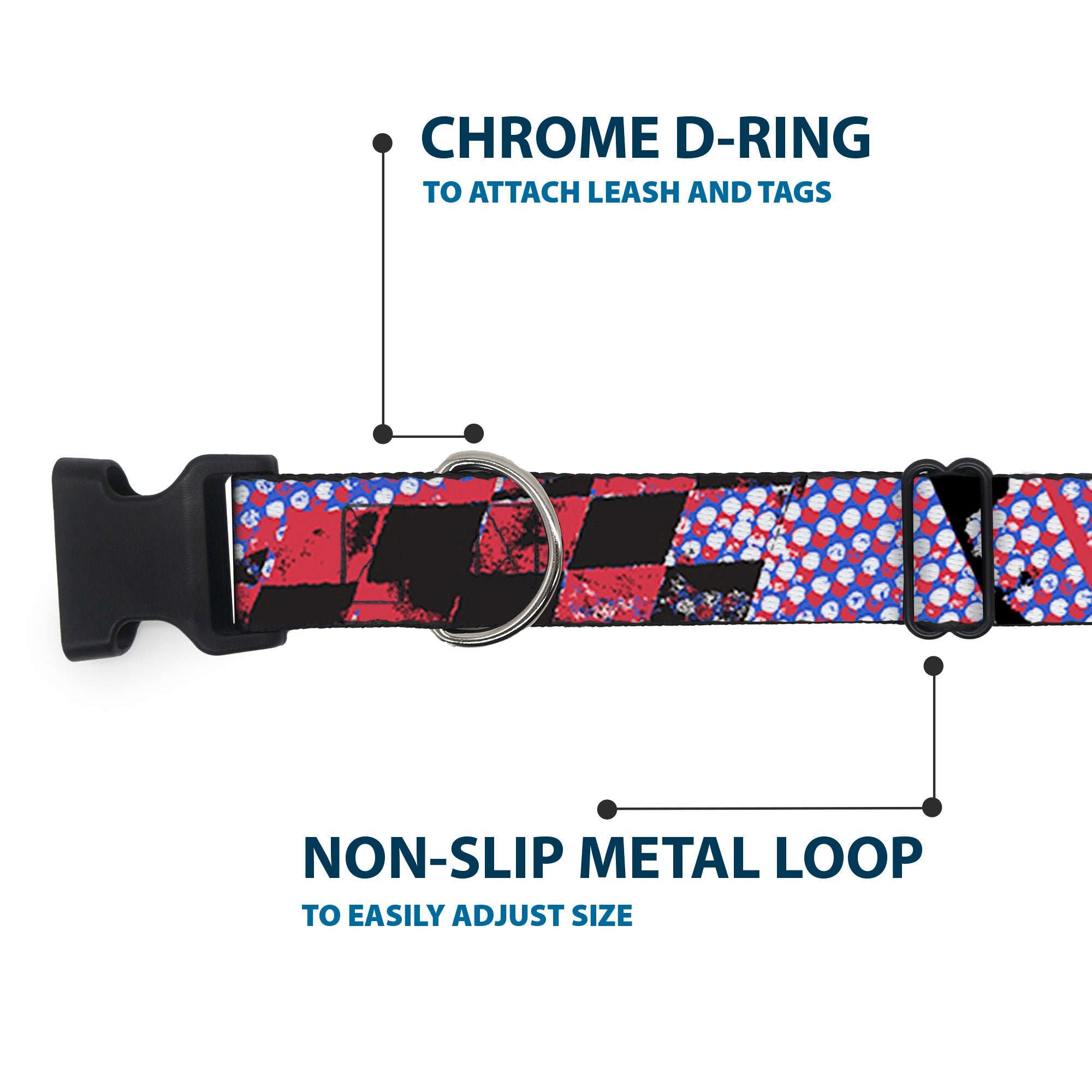 Plastic Clip Collar - Grunge Checker Flag Blue/Red Plastic Clip Collars Buckle-Down