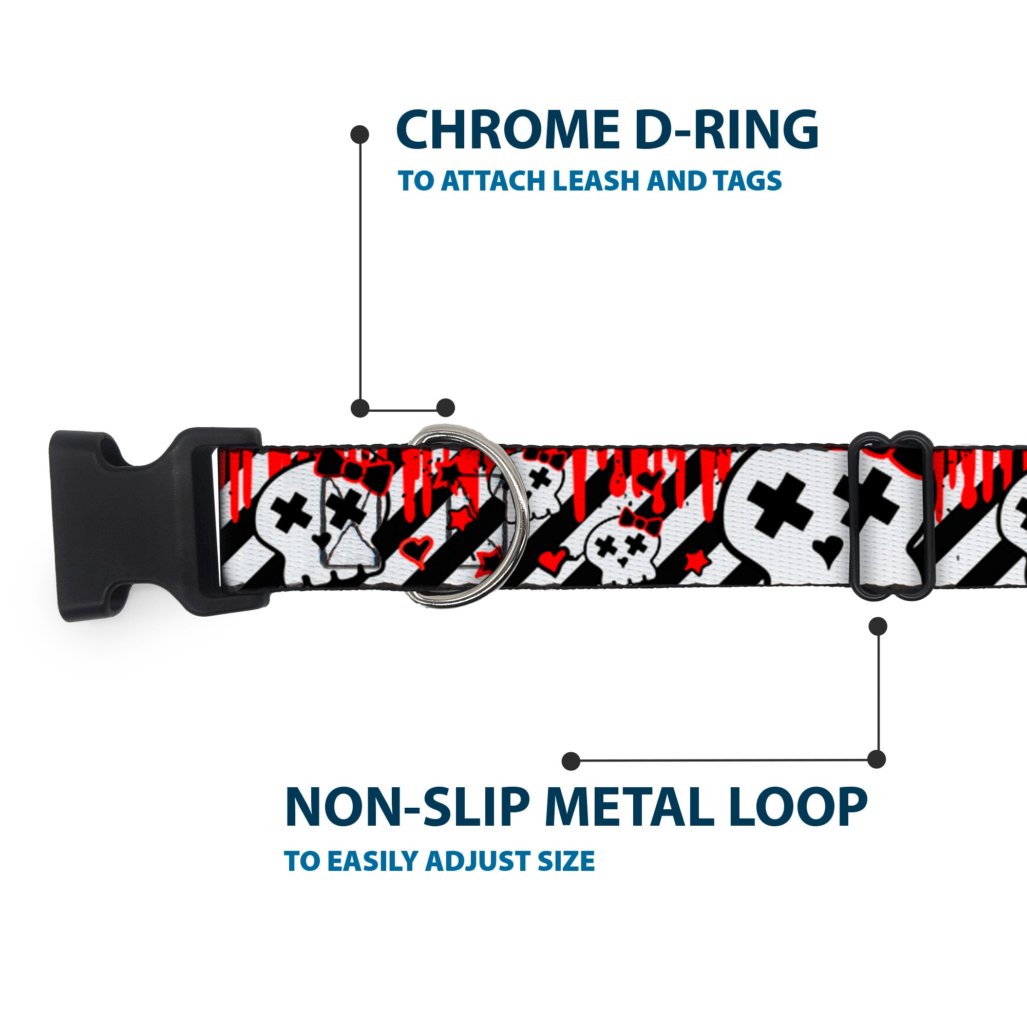 Plastic Clip Collar - Girlie Skull Black/White w/Red Paint Drips Plastic Clip Collars Buckle-Down