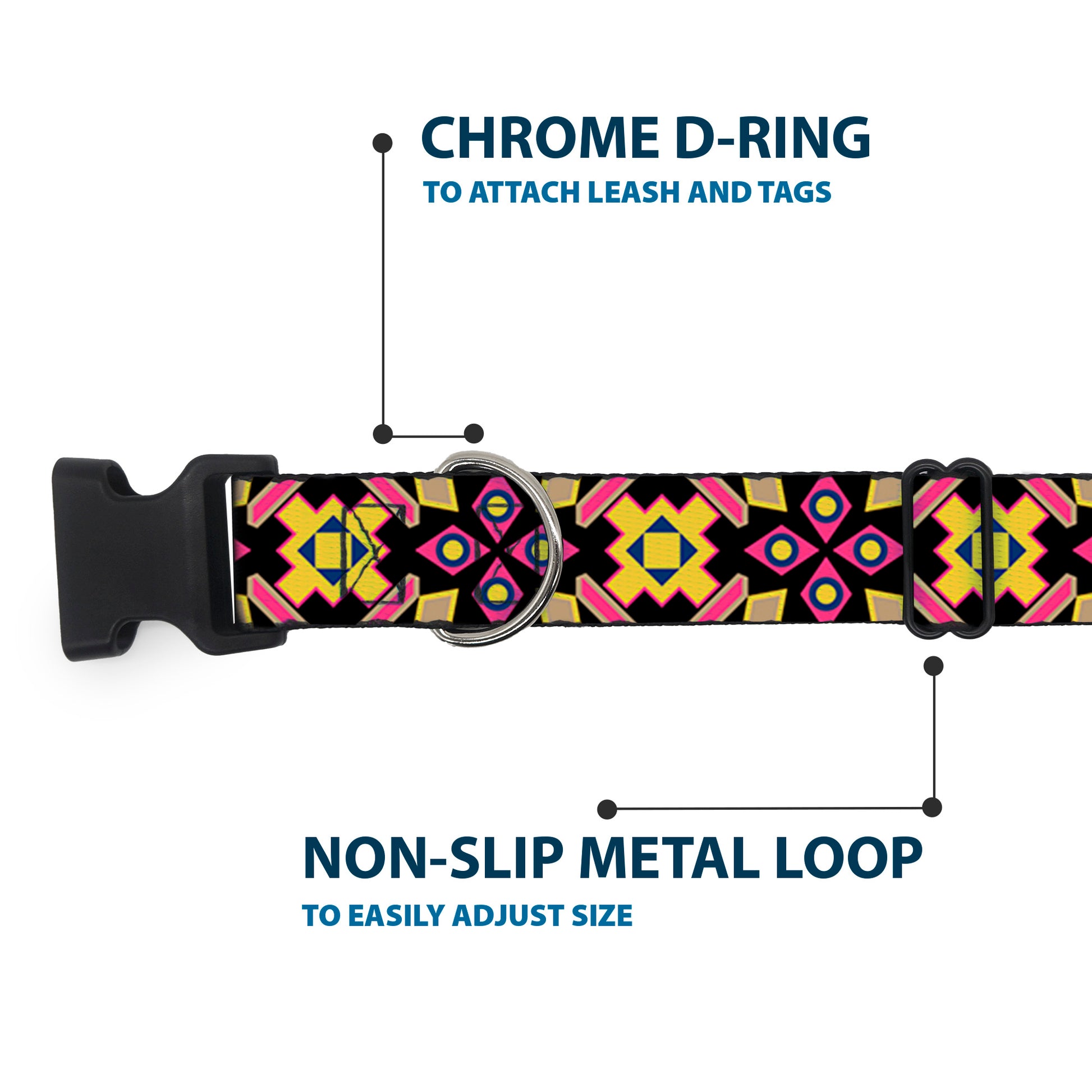 Plastic Clip Collar - Geometric Sunburst Black/Pink/Yellow/Blue Plastic Clip Collars Buckle-Down