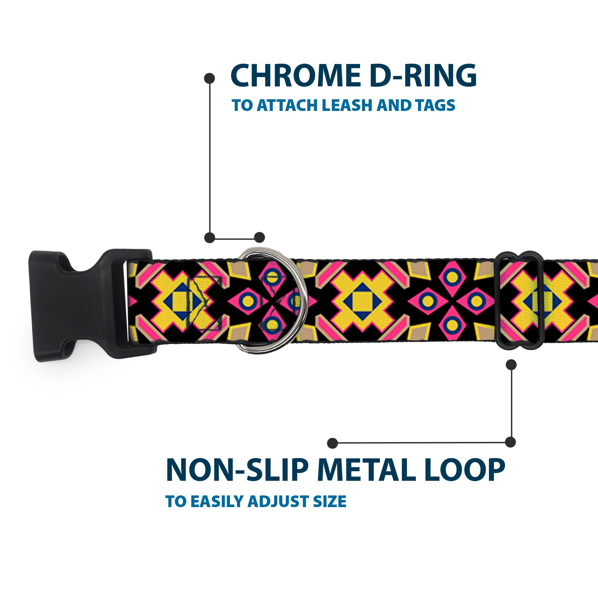 Plastic Clip Collar - Geometric Sunburst Black/Pink/Yellow/Blue Plastic Clip Collars Buckle-Down