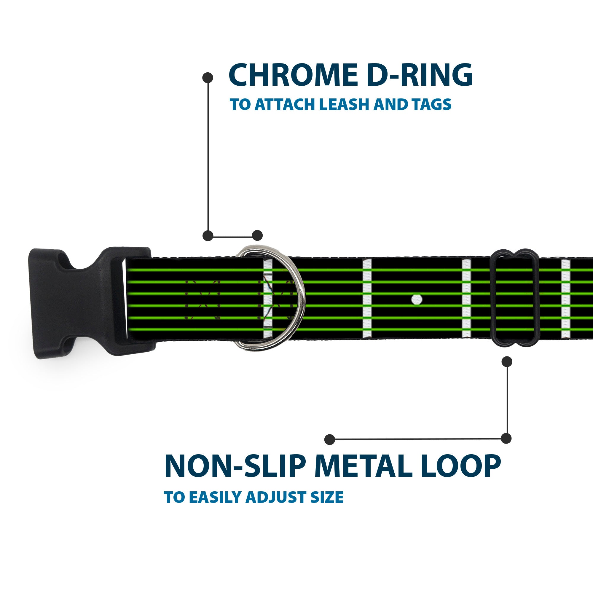 Plastic Clip Collar - Guitar Neck Black/White/Lime Green Plastic Clip Collars Buckle-Down