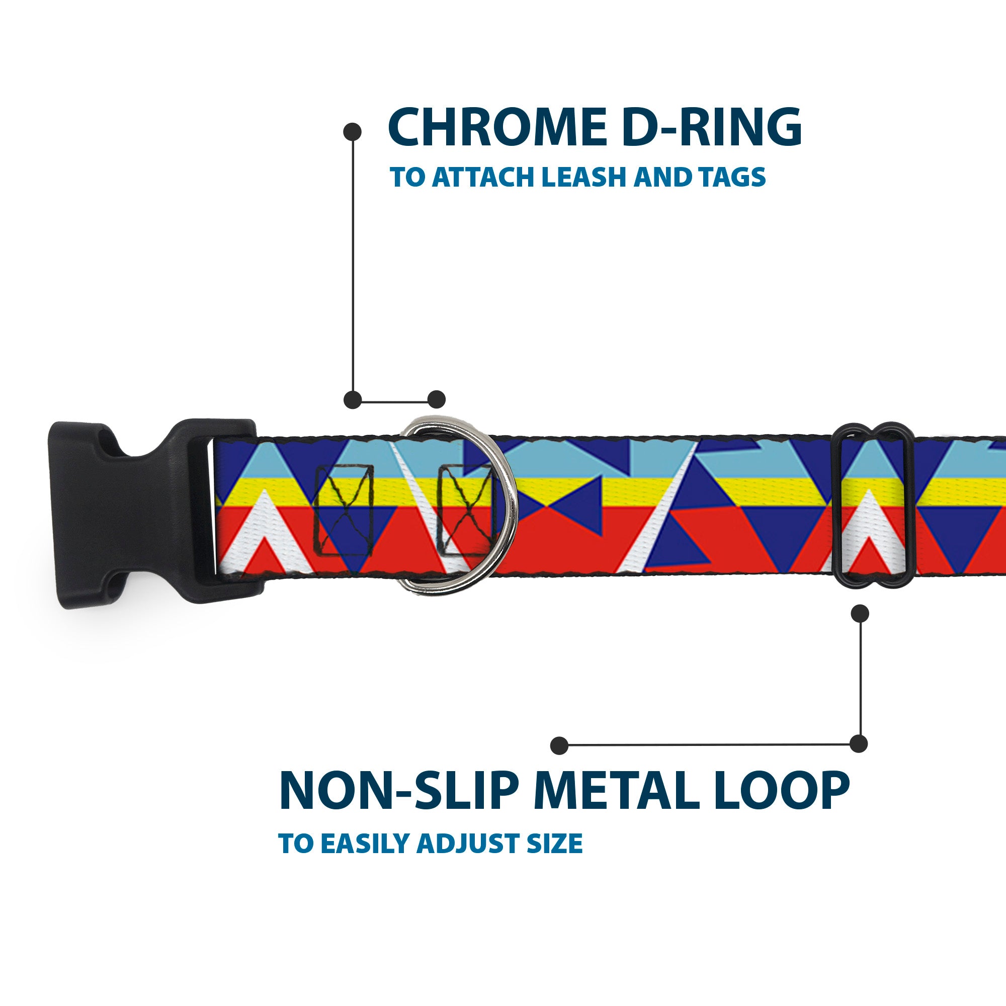 Plastic Clip Collar - Geometric Triangles/Stripe Red/White/Blues/Yellow Plastic Clip Collars Buckle-Down
