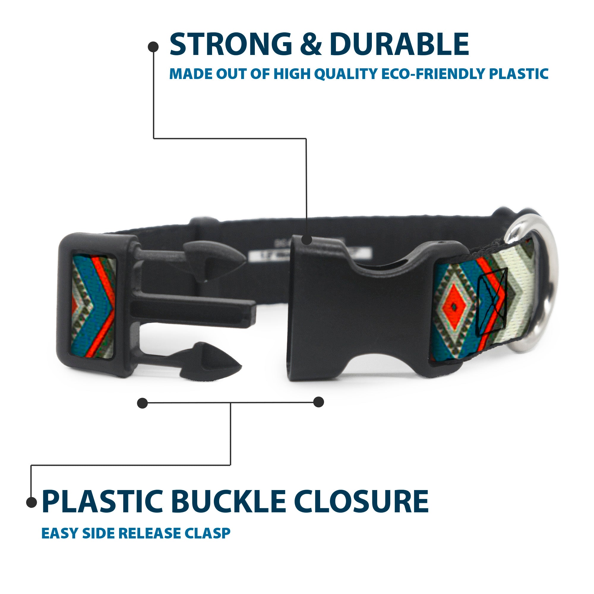 Plastic Clip Collar - Geometric Diamonds Grays/Red/Turquoise Plastic Clip Collars Buckle-Down