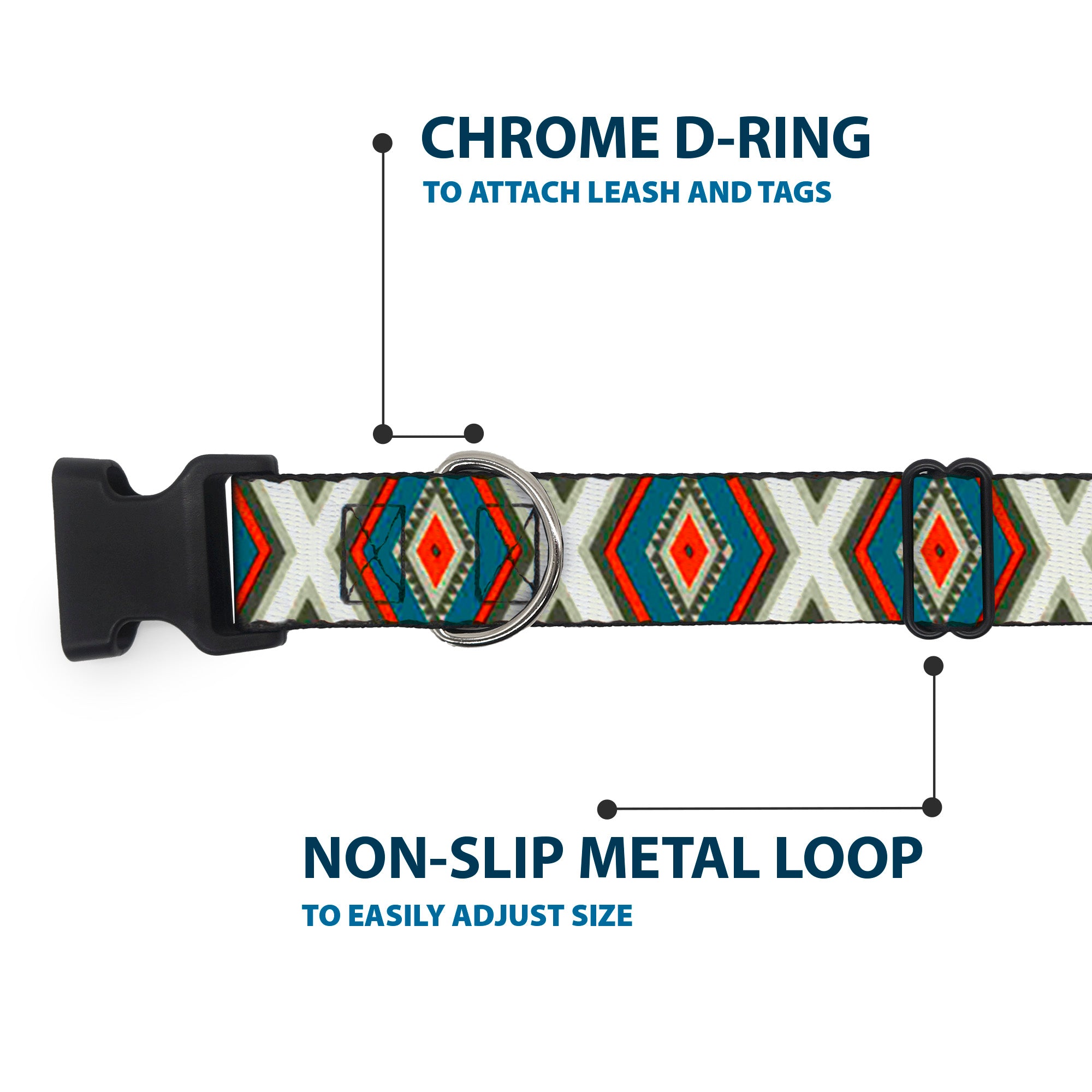 Plastic Clip Collar - Geometric Diamonds Grays/Red/Turquoise Plastic Clip Collars Buckle-Down