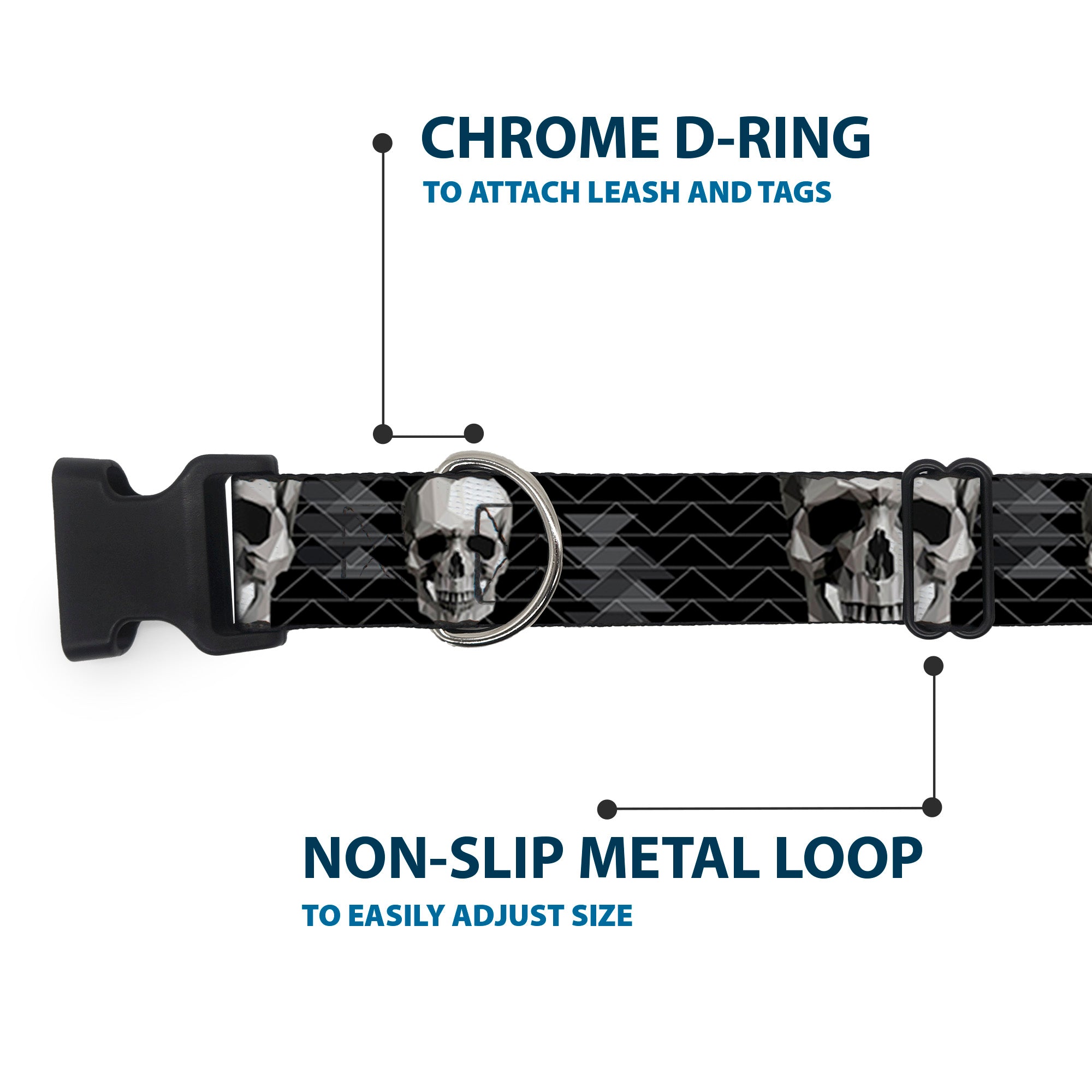 Plastic Clip Collar - Geometric 3-D Skull Face/Chevron Black/Grays/White Plastic Clip Collars Buckle-Down