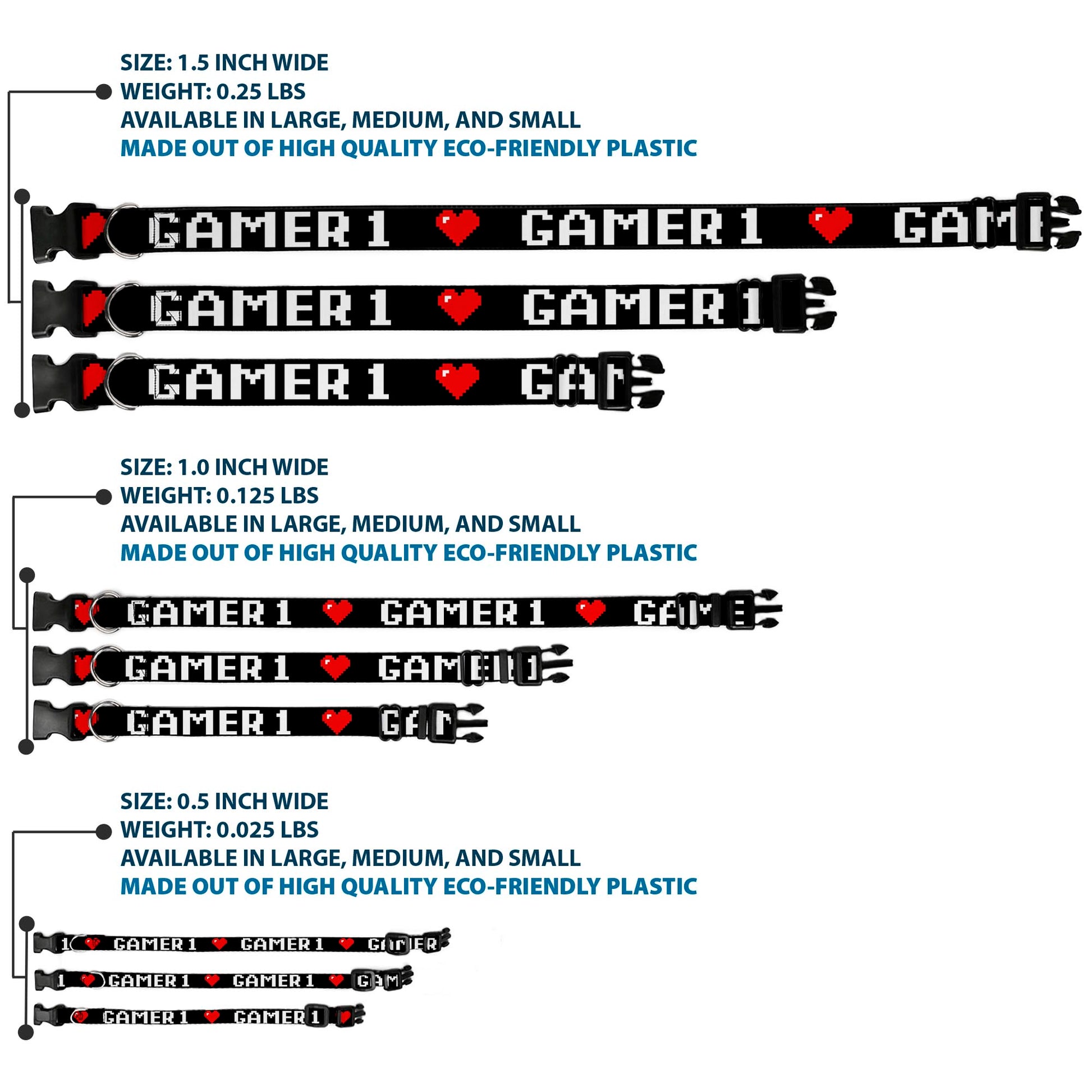 Plastic Clip Collar - GAMER 1/Heart 8-Bit Black/White/Red Plastic Clip Collars Buckle-Down
