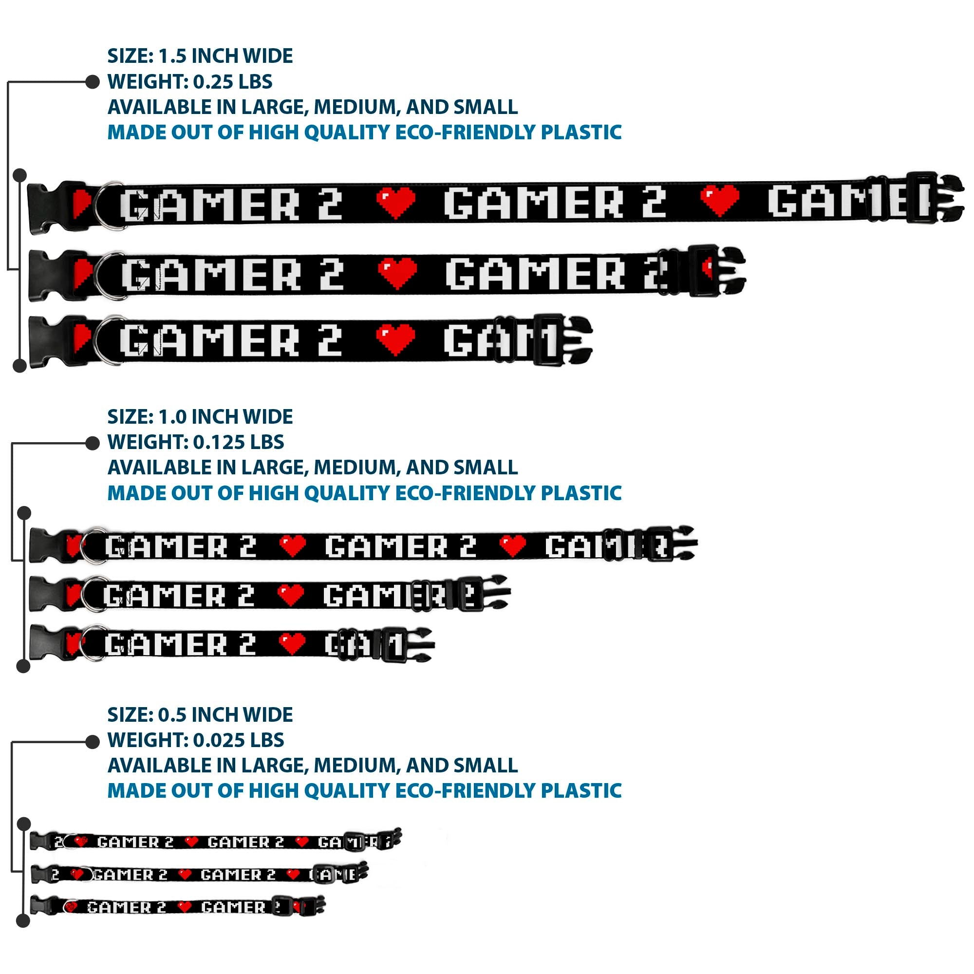 Plastic Clip Collar - GAMER 2/Heart 8-Bit Black/White/Red Plastic Clip Collars Buckle-Down