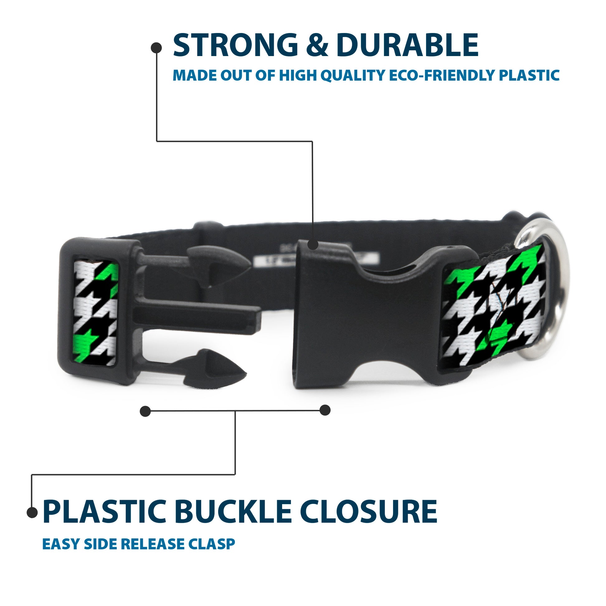 Plastic Clip Collar - Houndstooth Black/White/Neon Green Plastic Clip Collars Buckle-Down