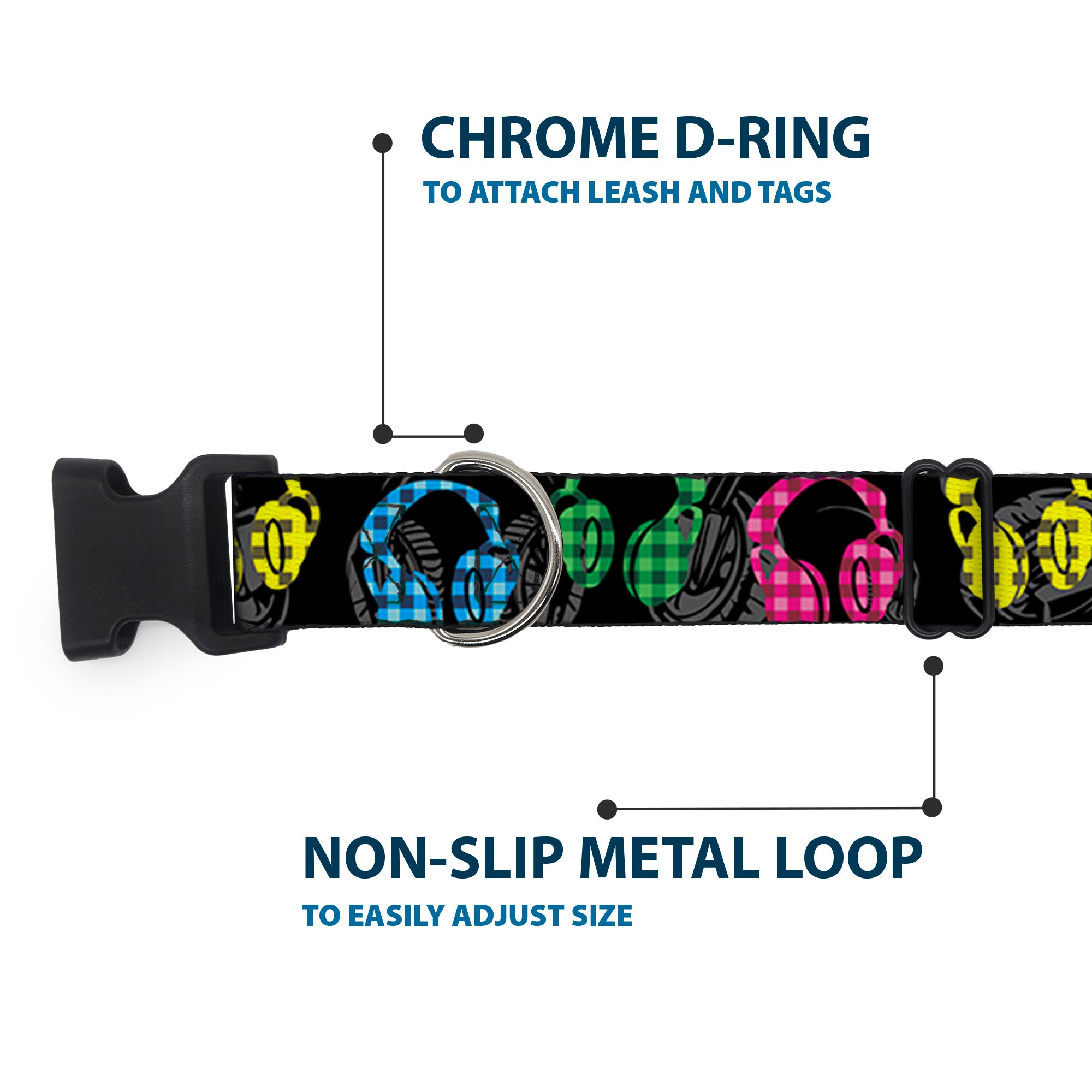 Plastic Clip Collar - Headphones Buffalo Plaid Black/Neon Plastic Clip Collars Buckle-Down