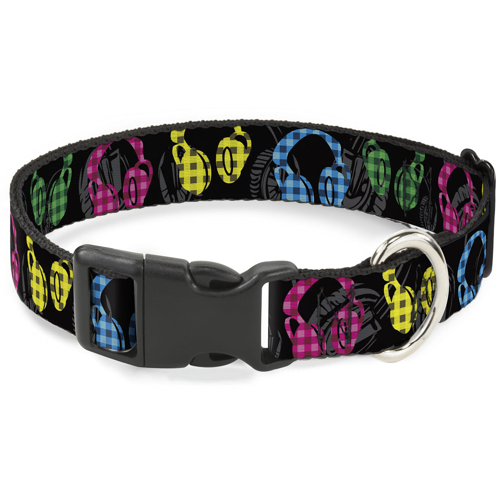 Plastic Clip Collar - Headphones Buffalo Plaid Black/Neon Plastic Clip Collars Buckle-Down