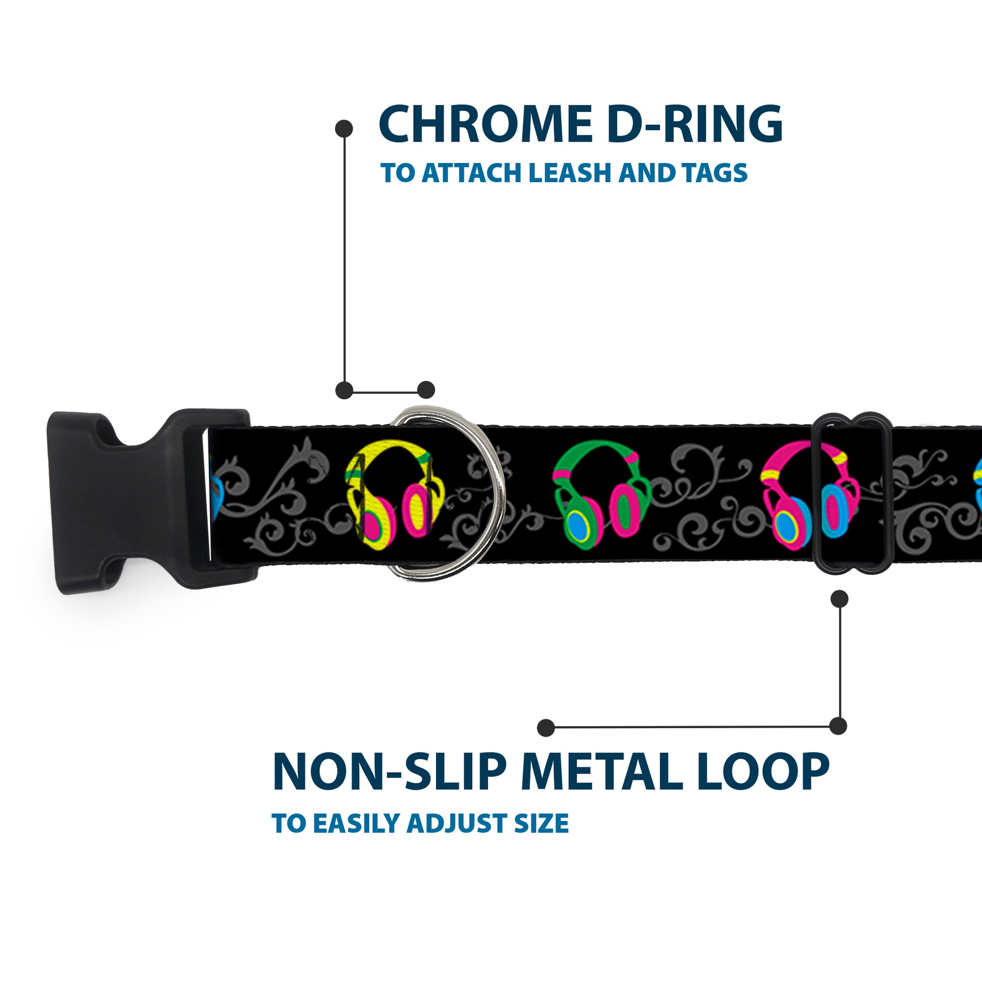 Plastic Clip Collar - Headphones Curls Black/Gray/Neon Plastic Clip Collars Buckle-Down